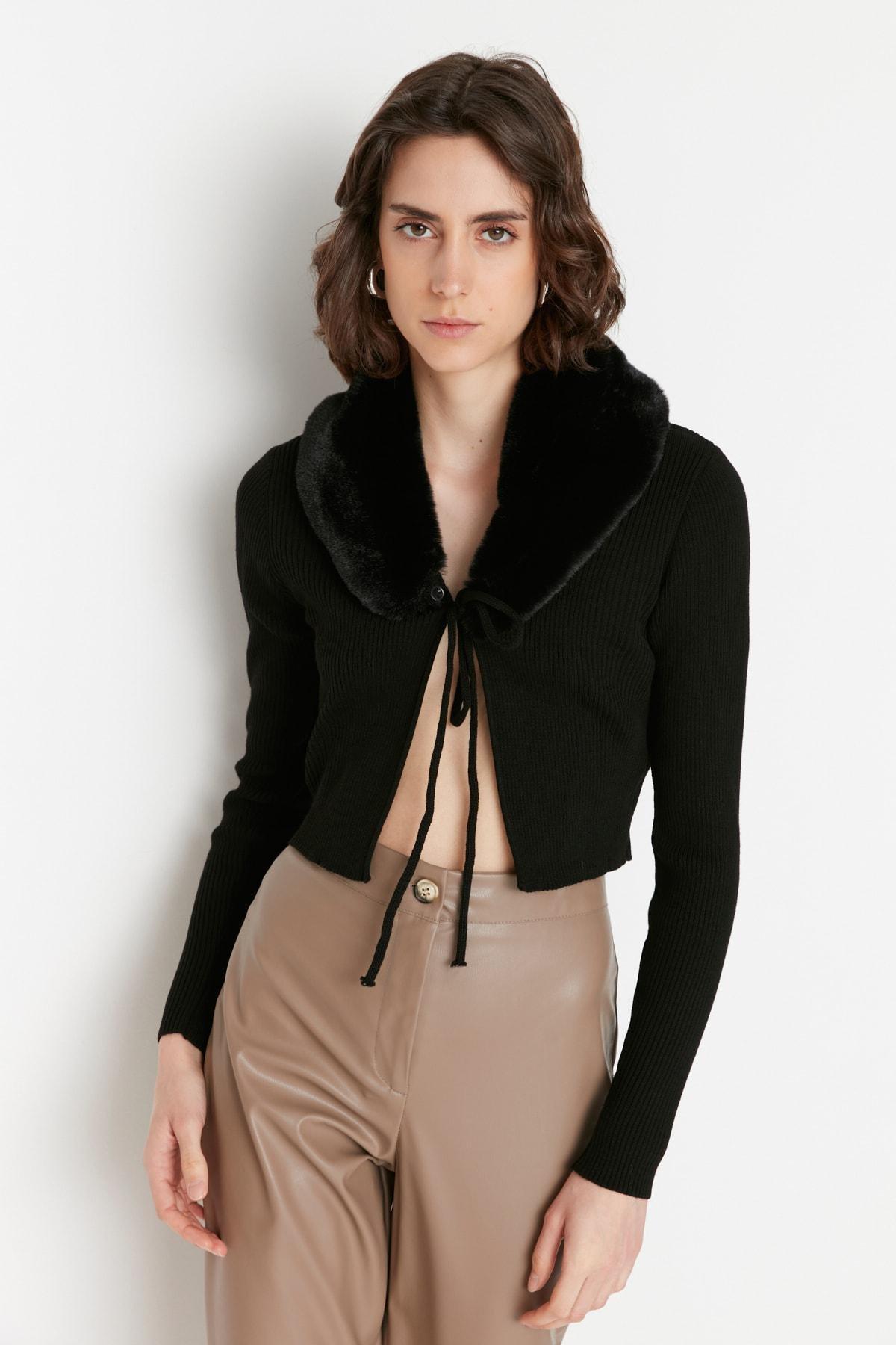 Black V Neck Cardigan, Black, large image number 1