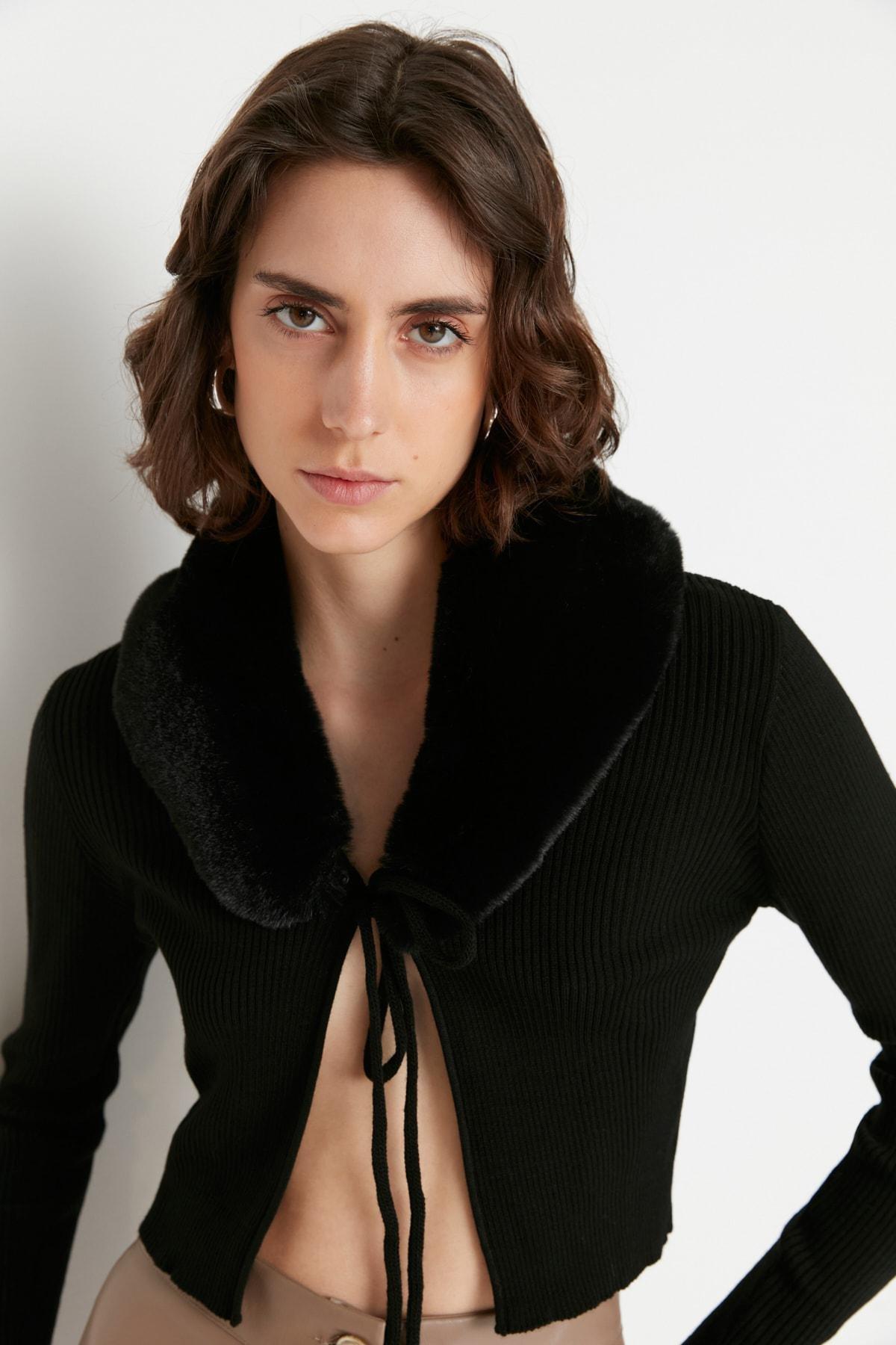 Black V Neck Cardigan, Black, large image number 2