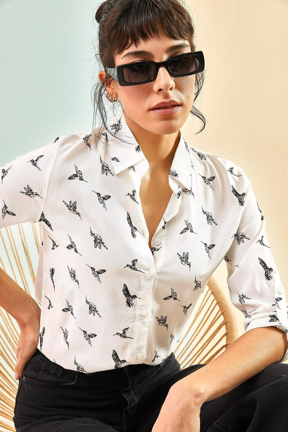 White Bird Patterned Fold Sleeve Viscose Shirt, , large image number 0