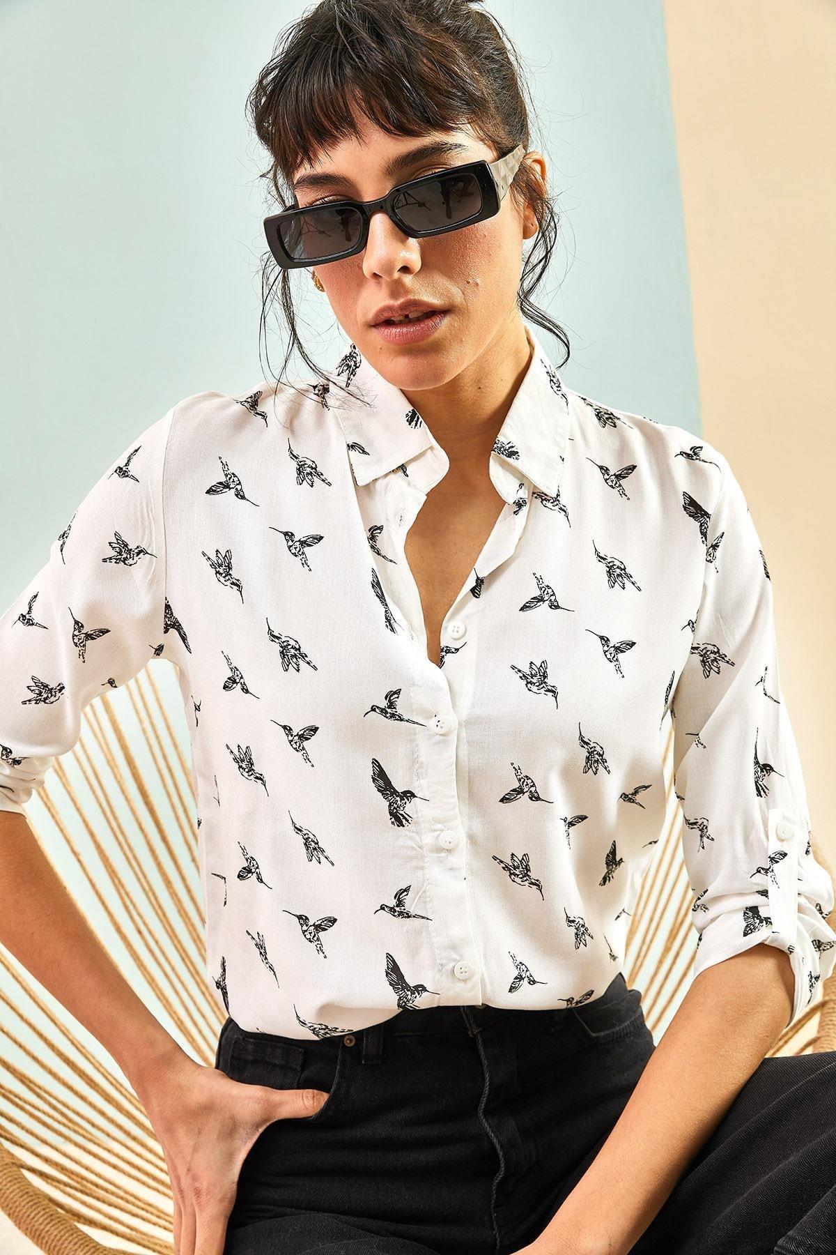 White Bird Patterned Fold Sleeve Viscose Shirt, , large image number 1