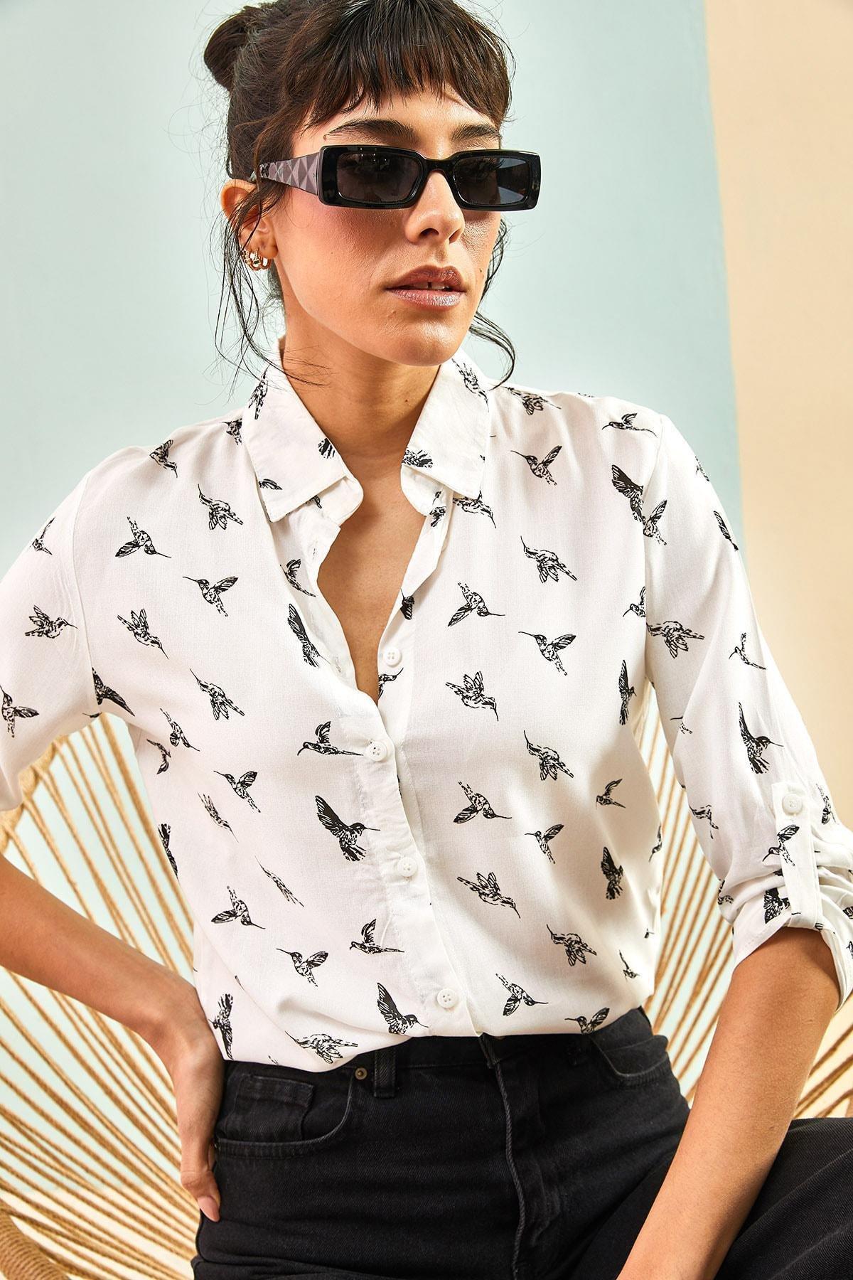 White Bird Patterned Fold Sleeve Viscose Shirt, , large image number 2