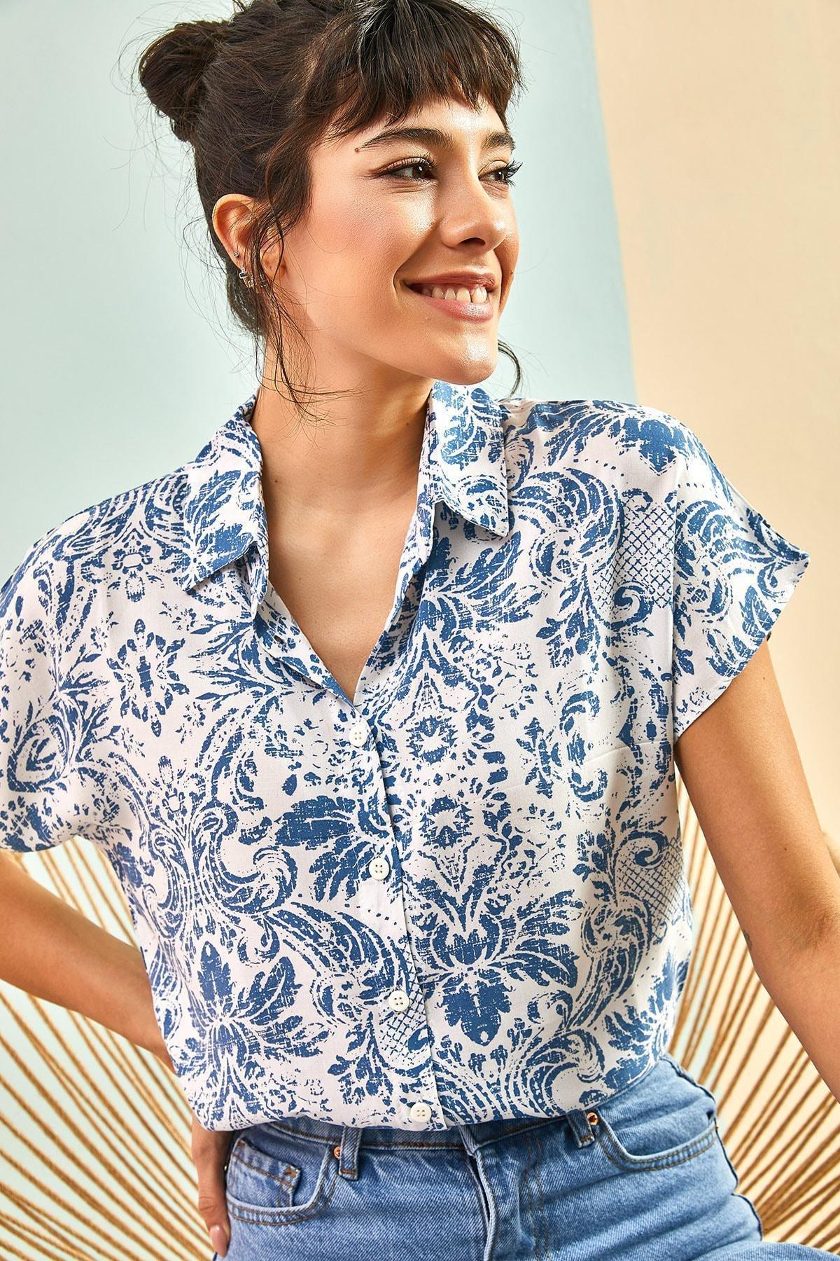 Blue Bat Sleeve Patterned Viscose Shirt, , medium