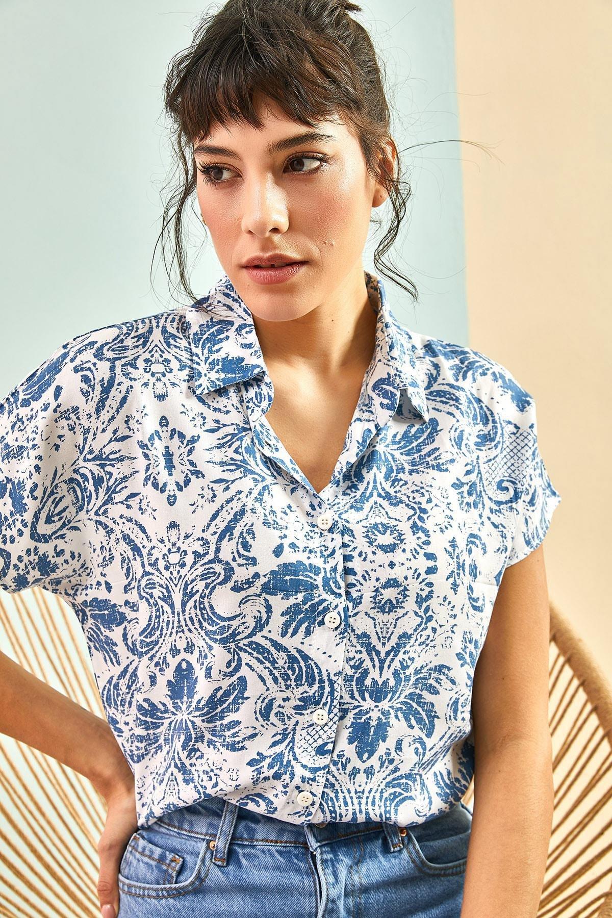 Blue Bat Sleeve Patterned Viscose Shirt, , large image number 1