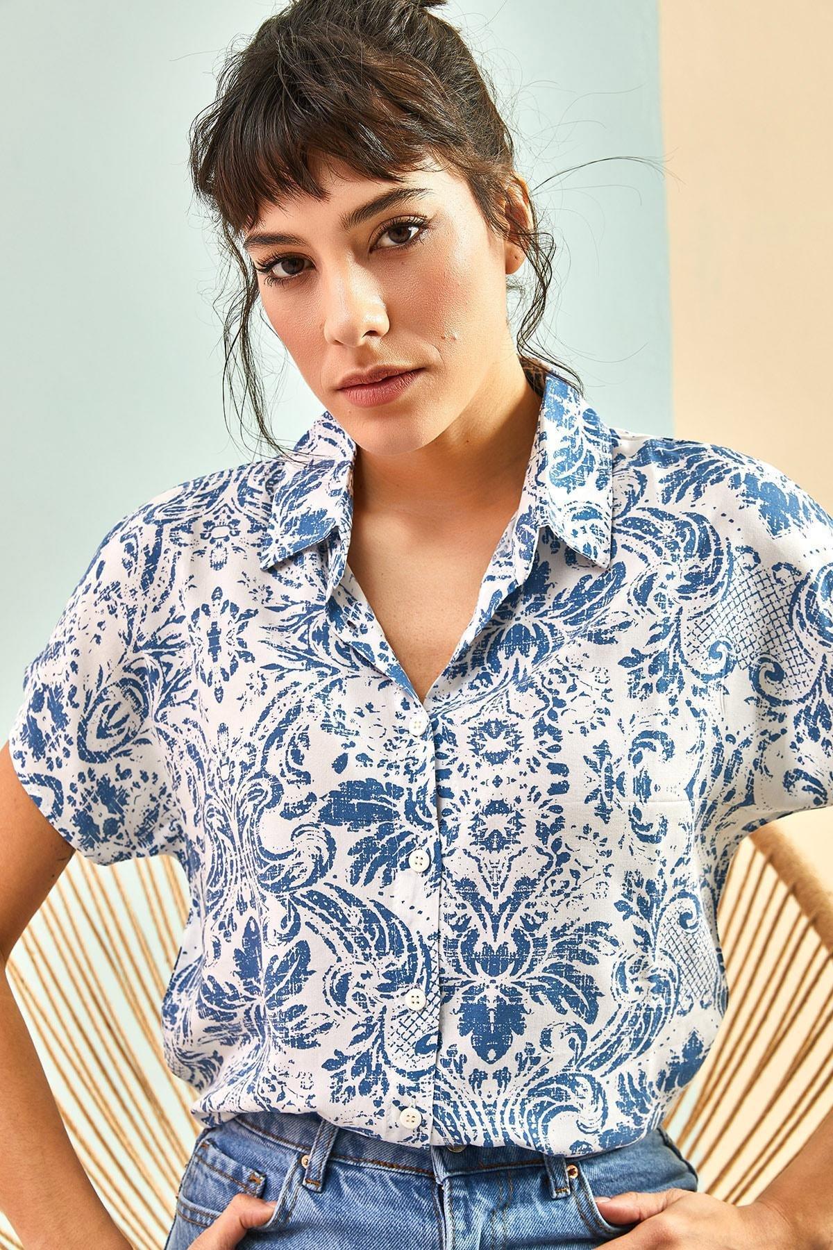Blue Bat Sleeve Patterned Viscose Shirt, , large image number 2