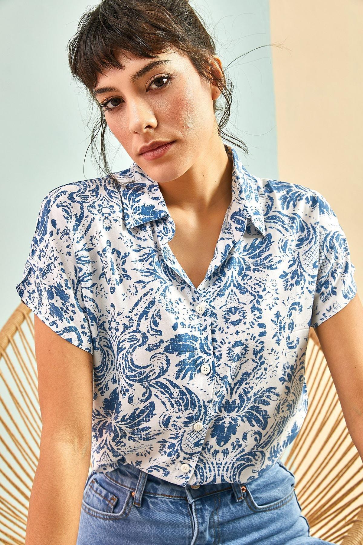 Blue Bat Sleeve Patterned Viscose Shirt, , large image number 3