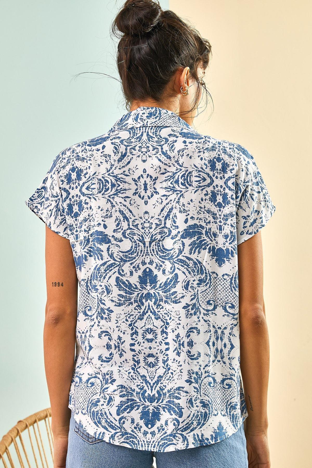 Blue Bat Sleeve Patterned Viscose Shirt, , large image number 4