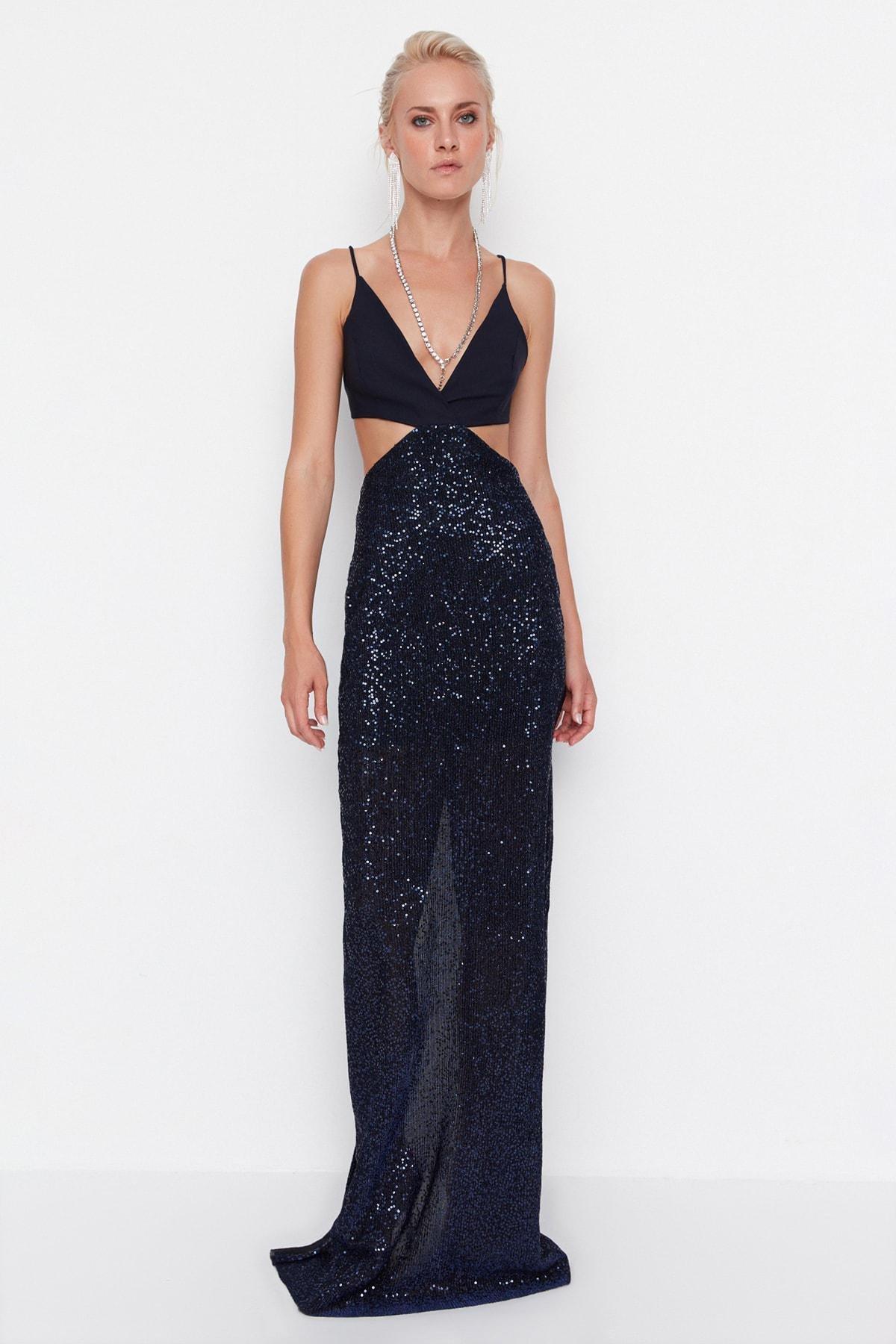 Navy V-Neck Occasion Wear Dress, , large image number 0