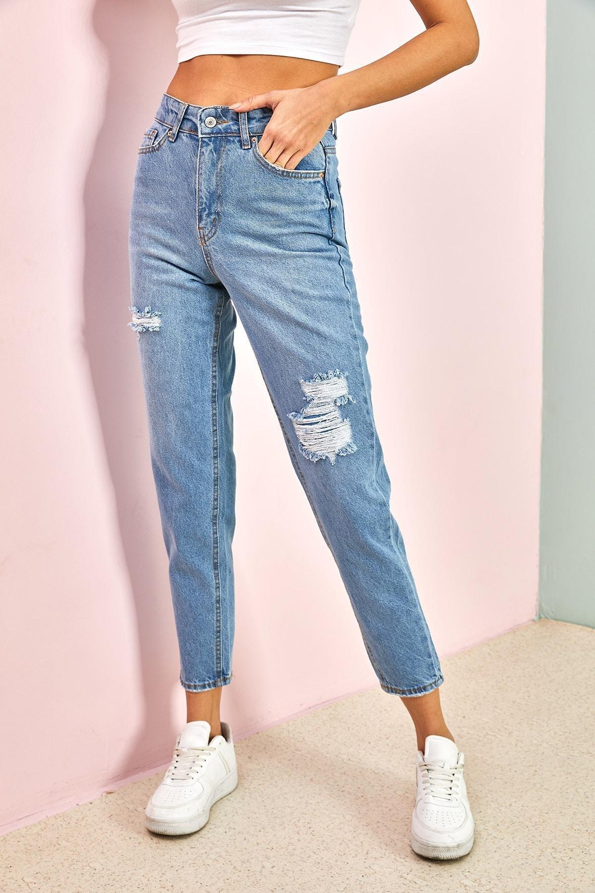 Blue Knee Slit Patterned Jeans Pants, , large image number 1