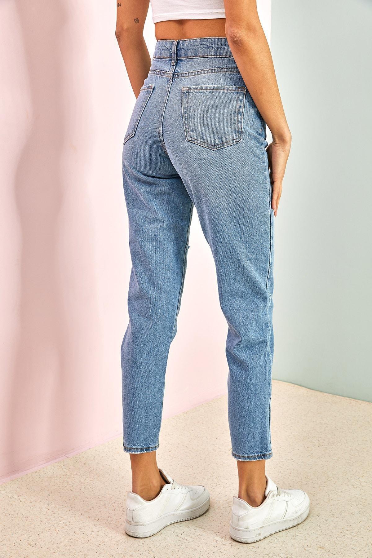 Blue Knee Slit Patterned Jeans Pants, , large image number 3