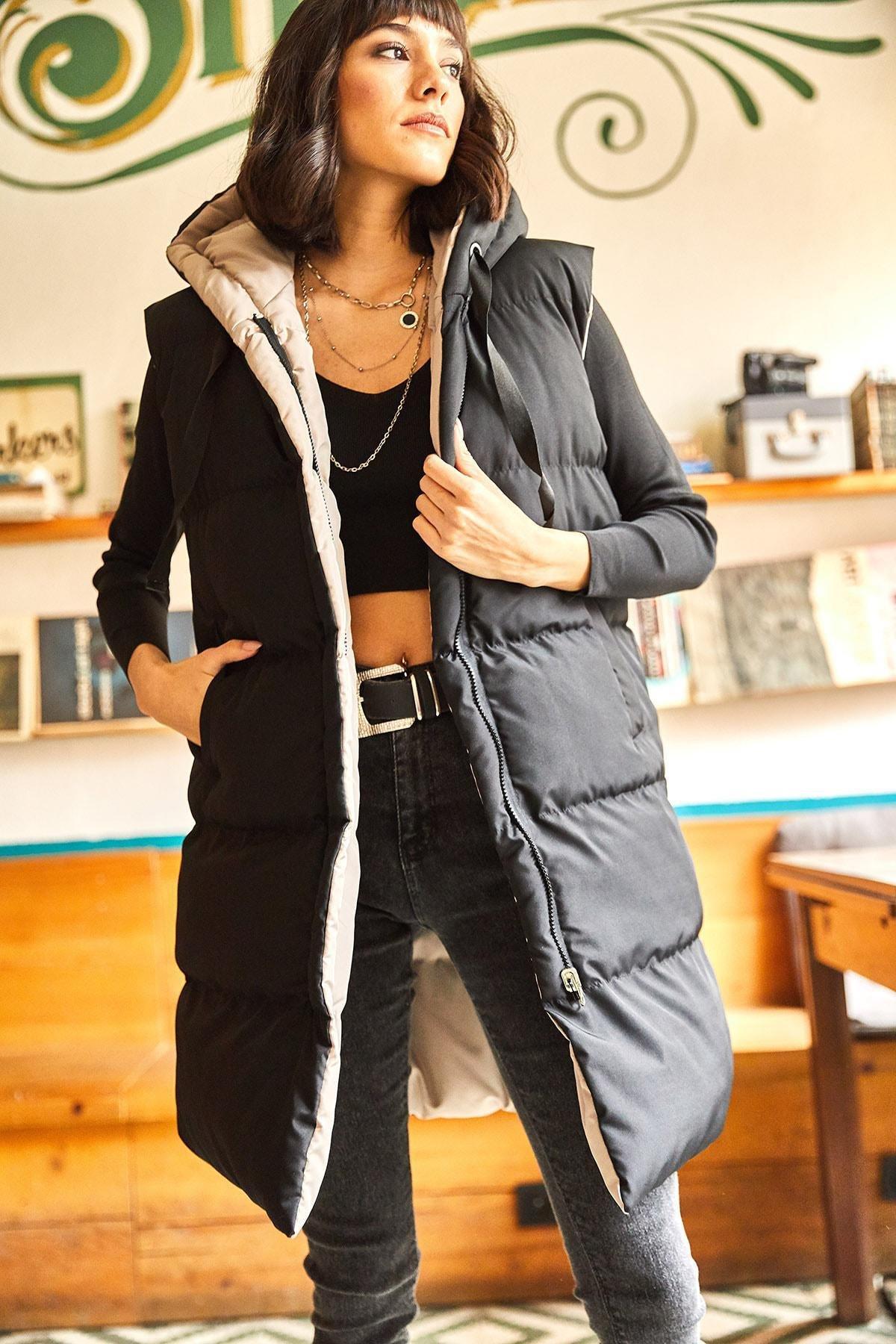 Black Hooded Puffer Vest, , large image number 0