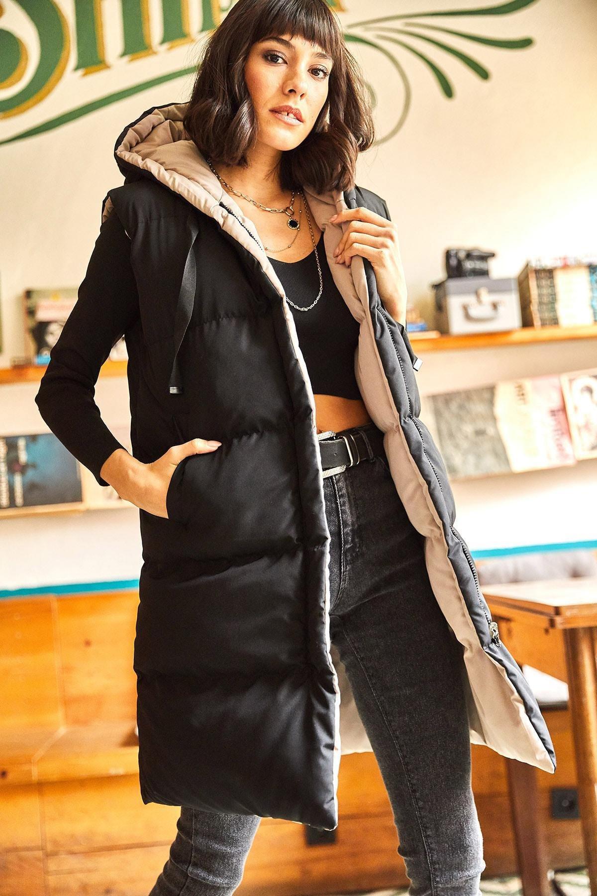 Black Hooded Puffer Vest, , large image number 2
