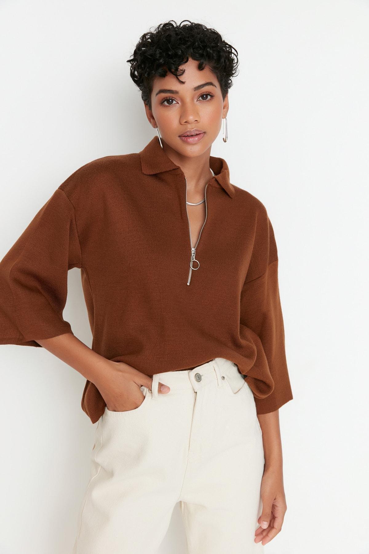 Brown Polo Neck Blouse, , large image number 0