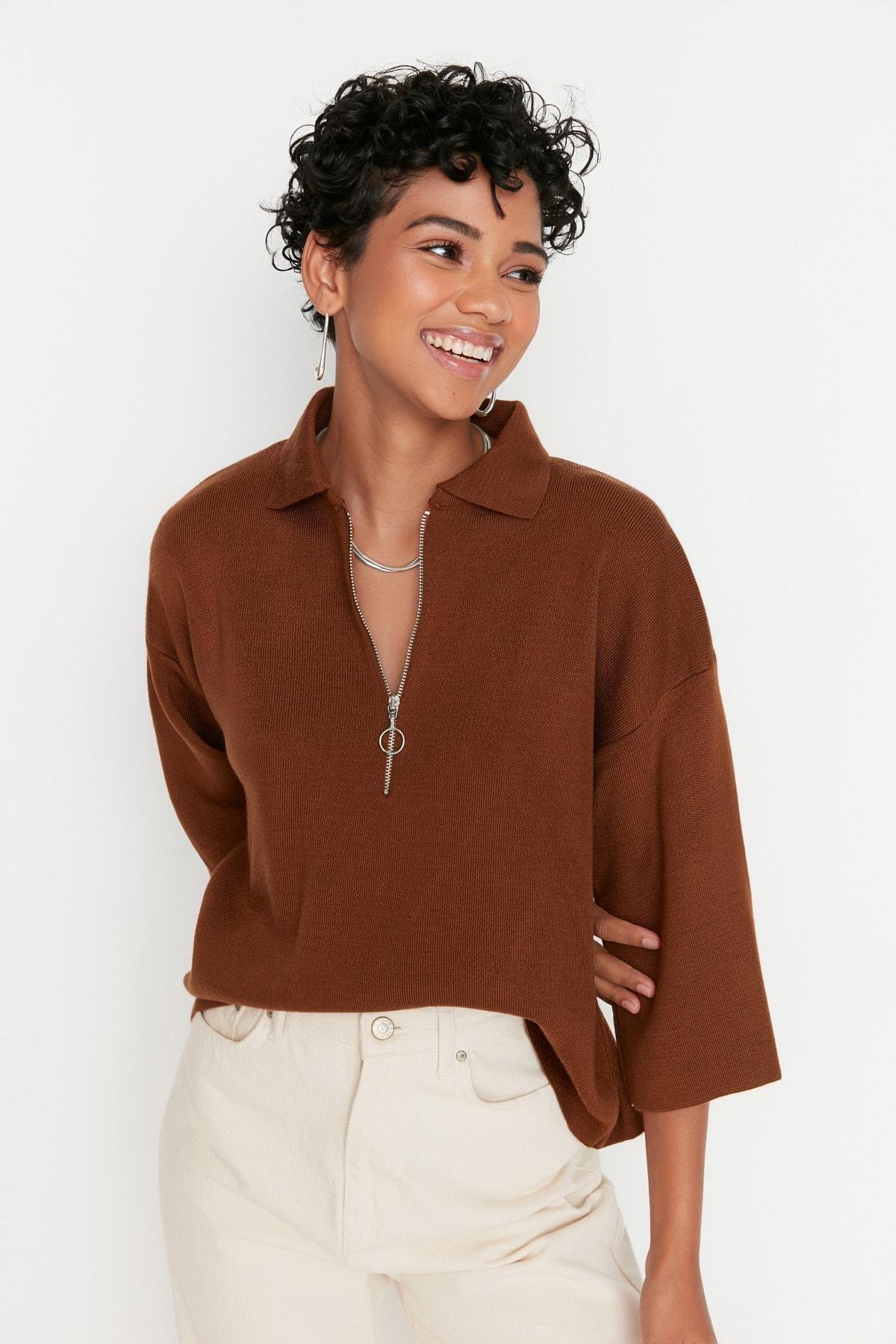Brown Polo Neck Blouse, , large image number 1