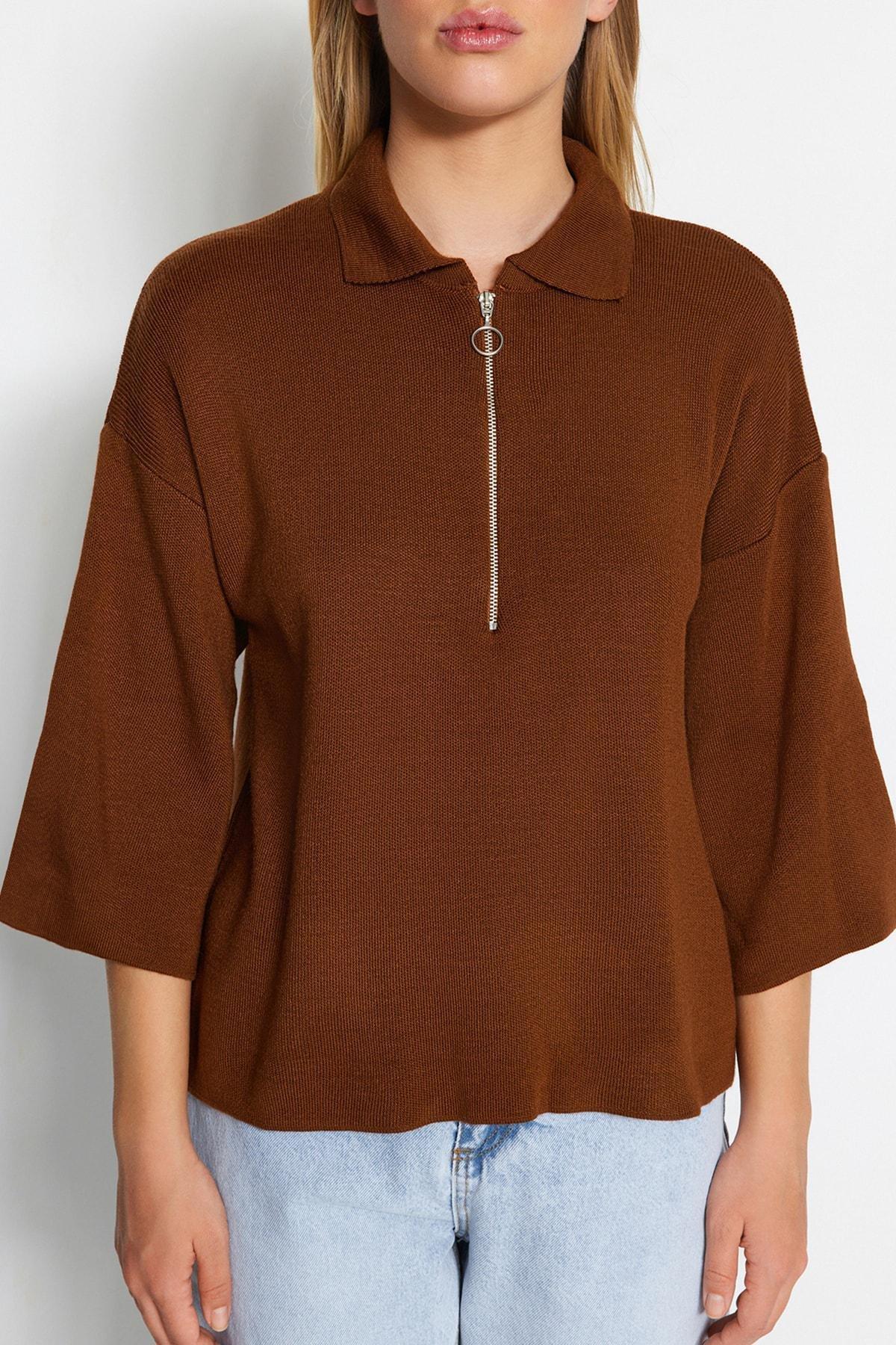 Brown Polo Neck Blouse, , large image number 6
