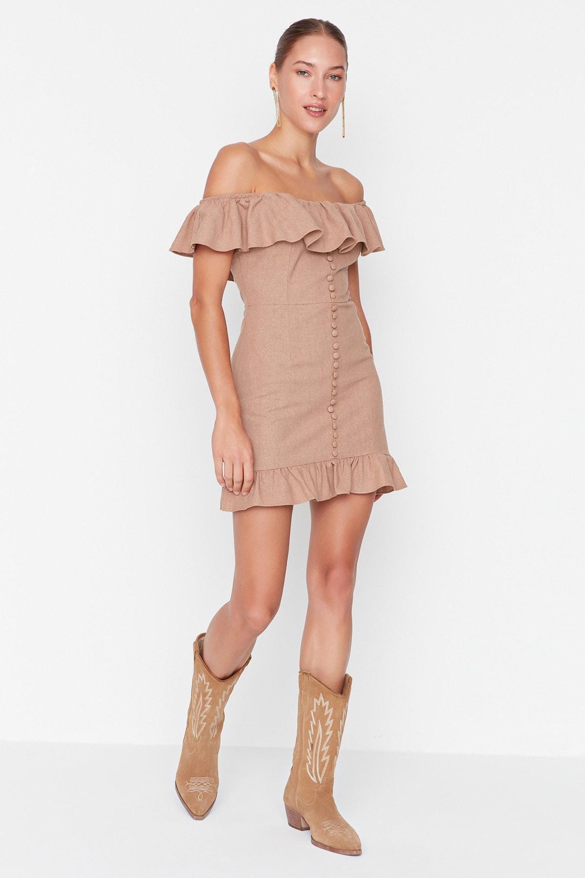 Beige Bodycon Carmen Collar Mini Dress, , large image number 0