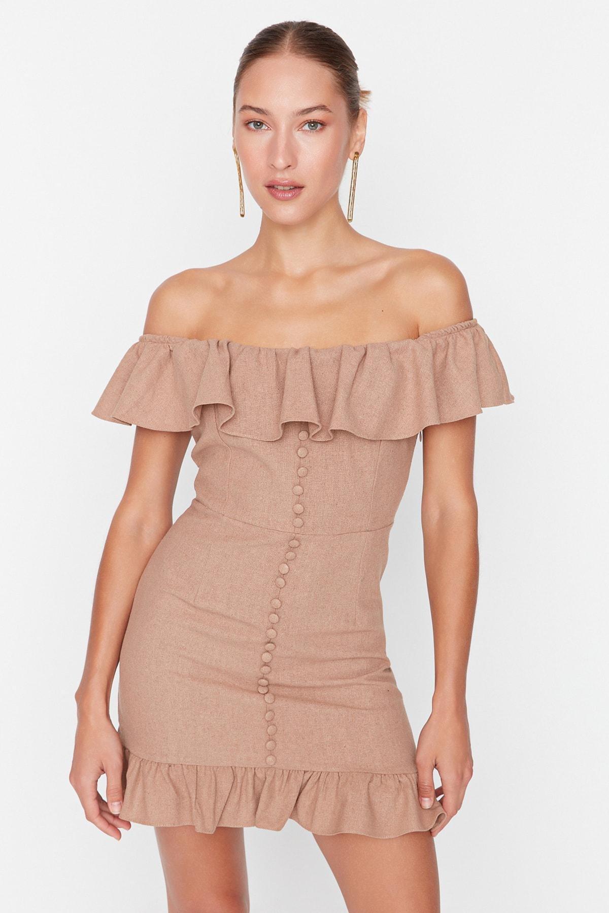 Beige Bodycon Carmen Collar Mini Dress, , large image number 1