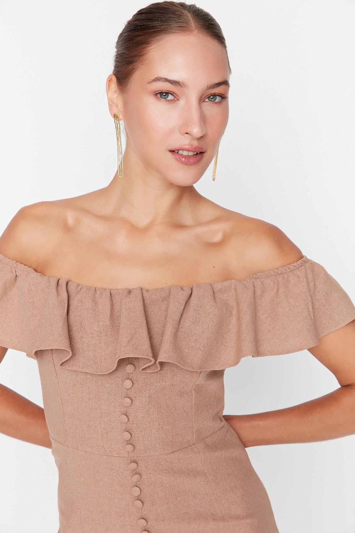 Beige Bodycon Carmen Collar Mini Dress, , large image number 2
