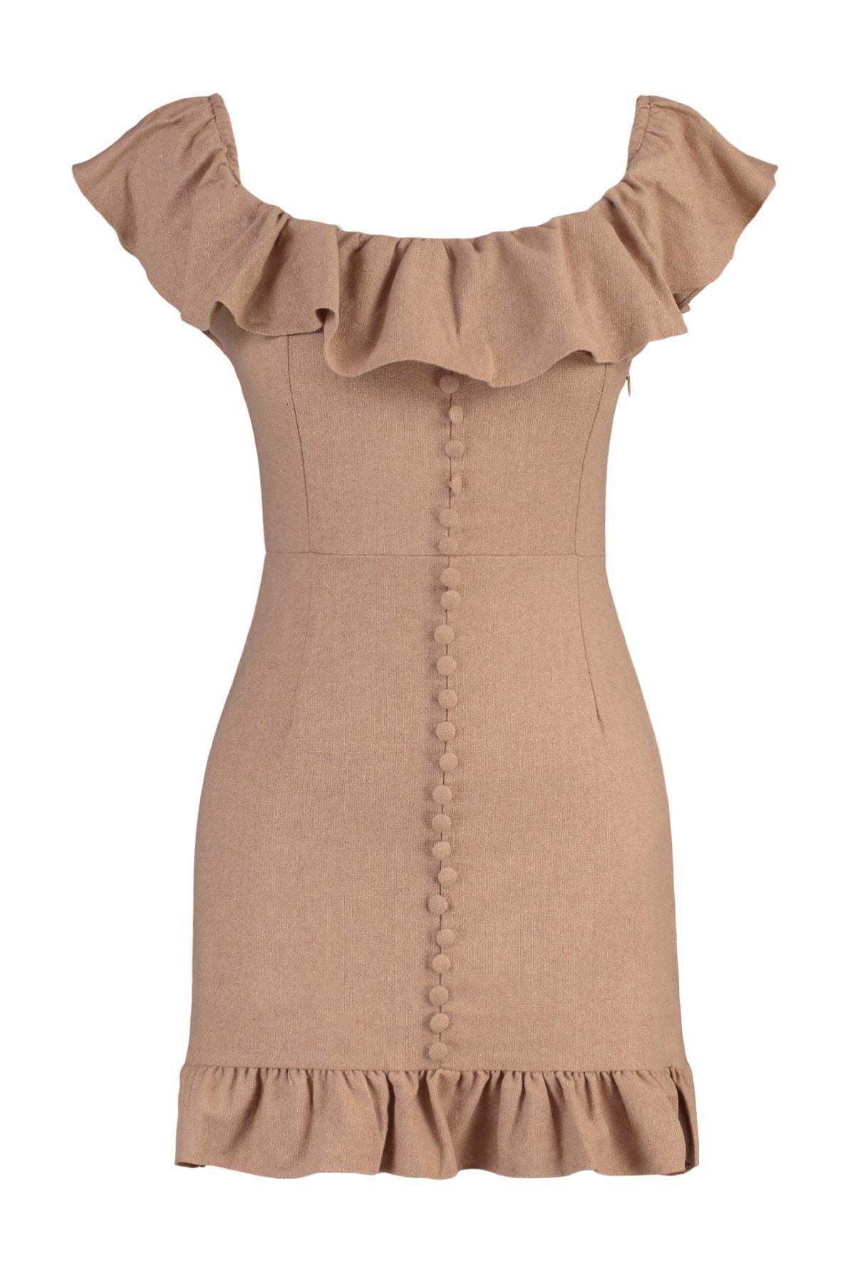 Beige Bodycon Carmen Collar Mini Dress, , large image number 5