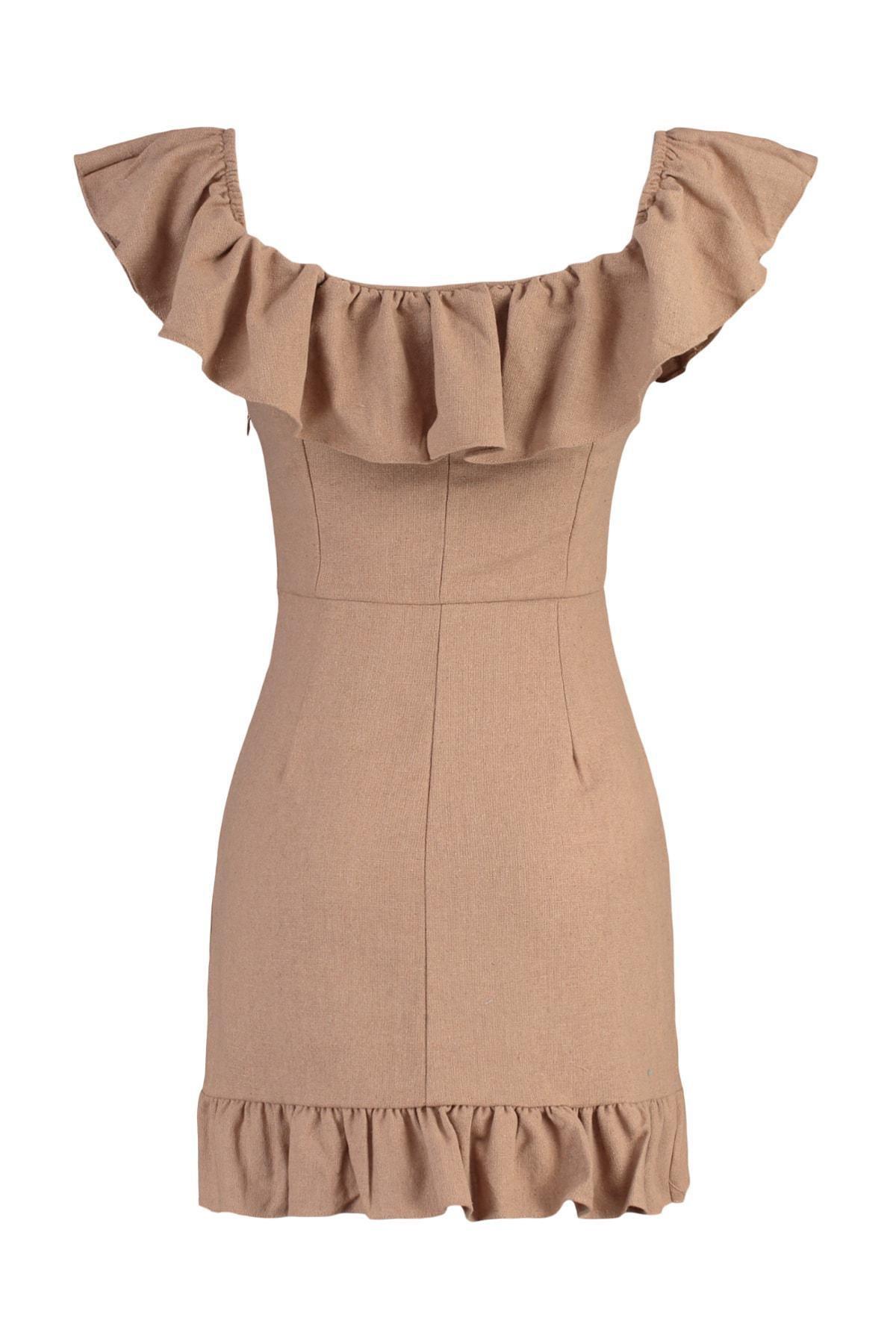 Beige Bodycon Carmen Collar Mini Dress, , large image number 7