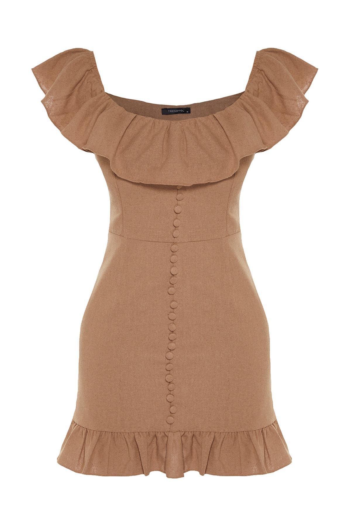 Beige Bodycon Carmen Collar Mini Dress, , large image number 8