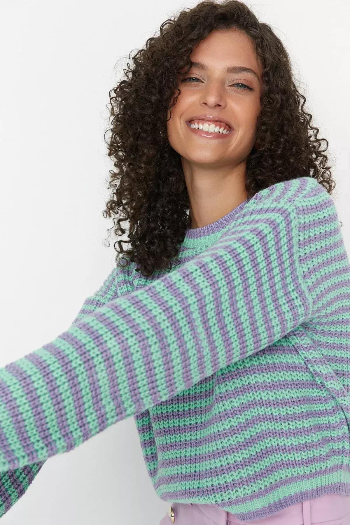 Blue Striped Knitwear Sweater, Blue, large image number 1