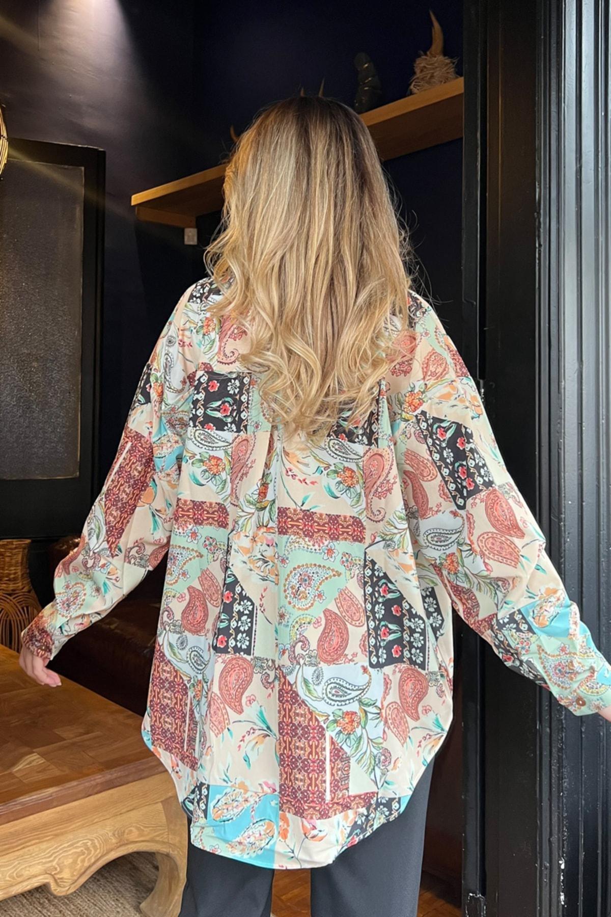 Womens Beige Classic Collar Patchwork Patterned Flowy Satin Shirt Avn7974, C101_6997, large image number 2