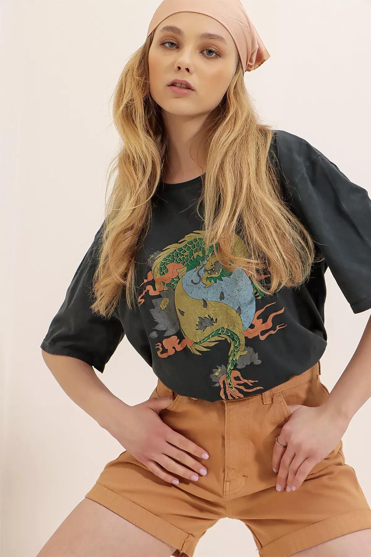 Grey Crew Neck Printed Oversize T-Shirt, Gray, large image number 1