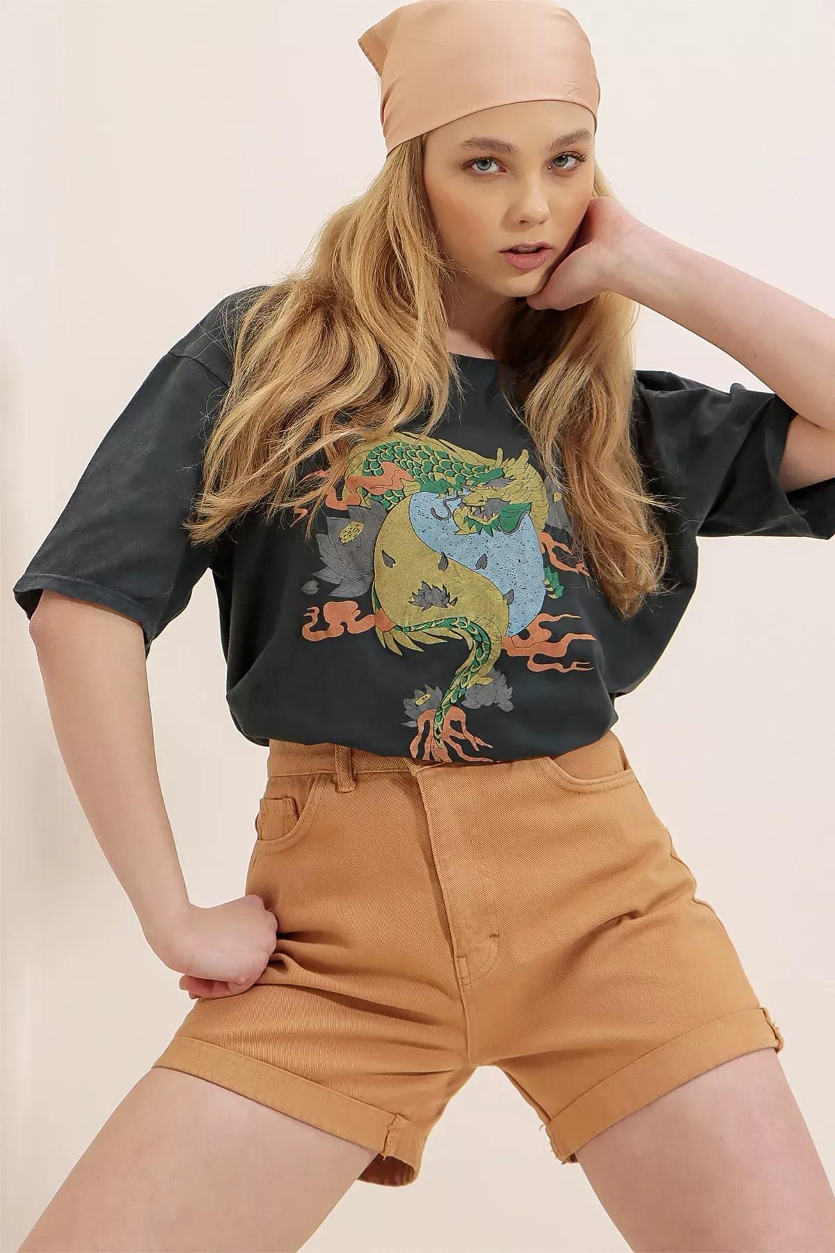 Grey Crew Neck Printed Oversize T-Shirt, Gray, large image number 3