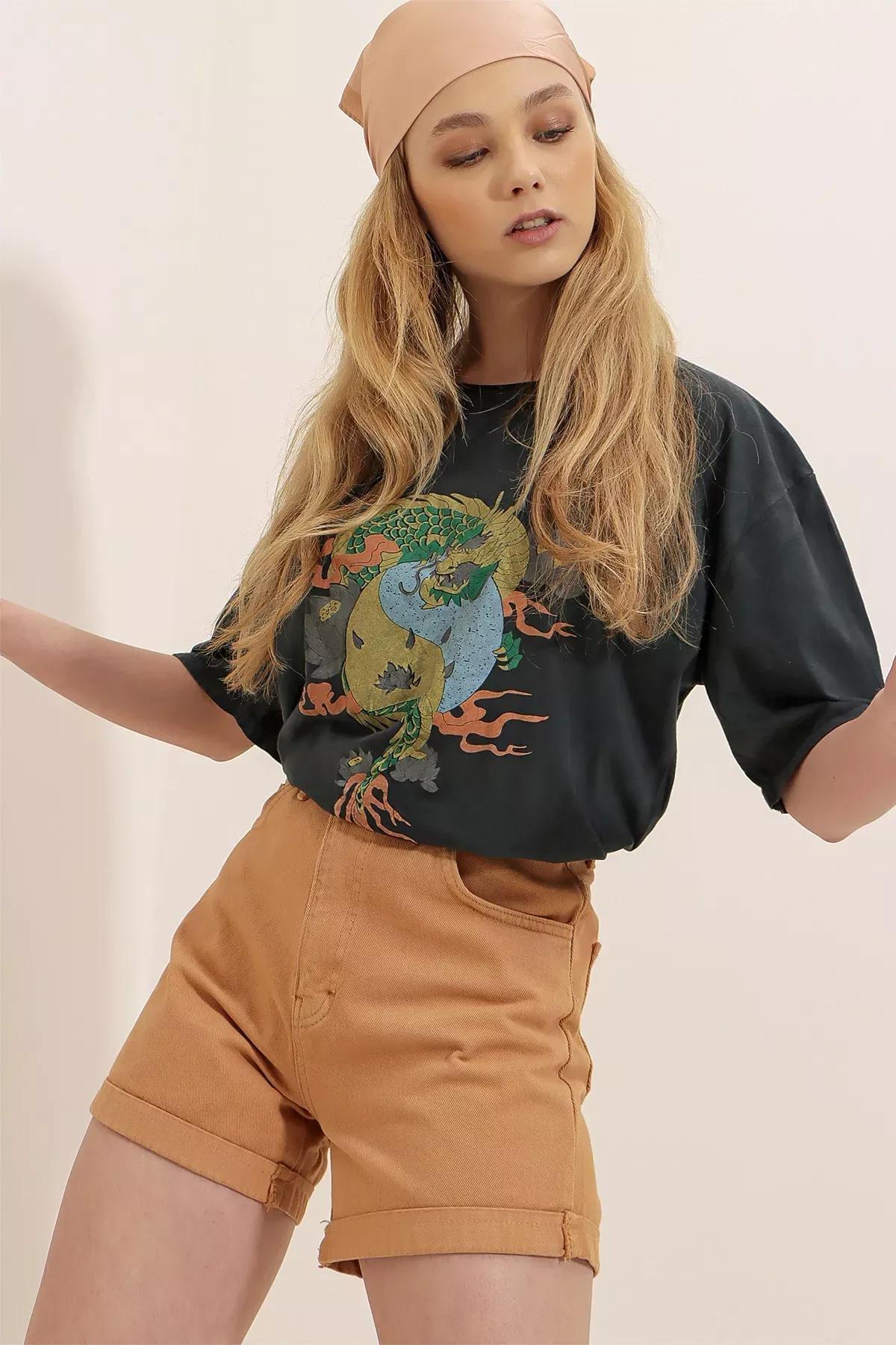 Grey Crew Neck Printed Oversize T-Shirt, Gray, large image number 5