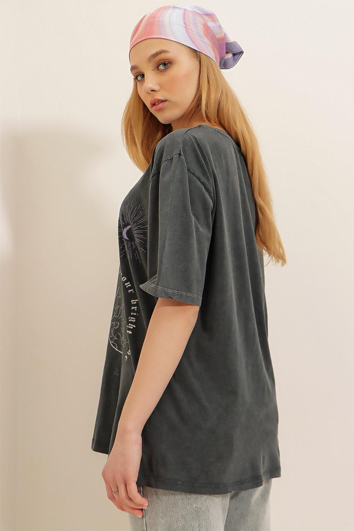 Grey Crew Neck Printed Oversize T-Shirt, Gray, large image number 6