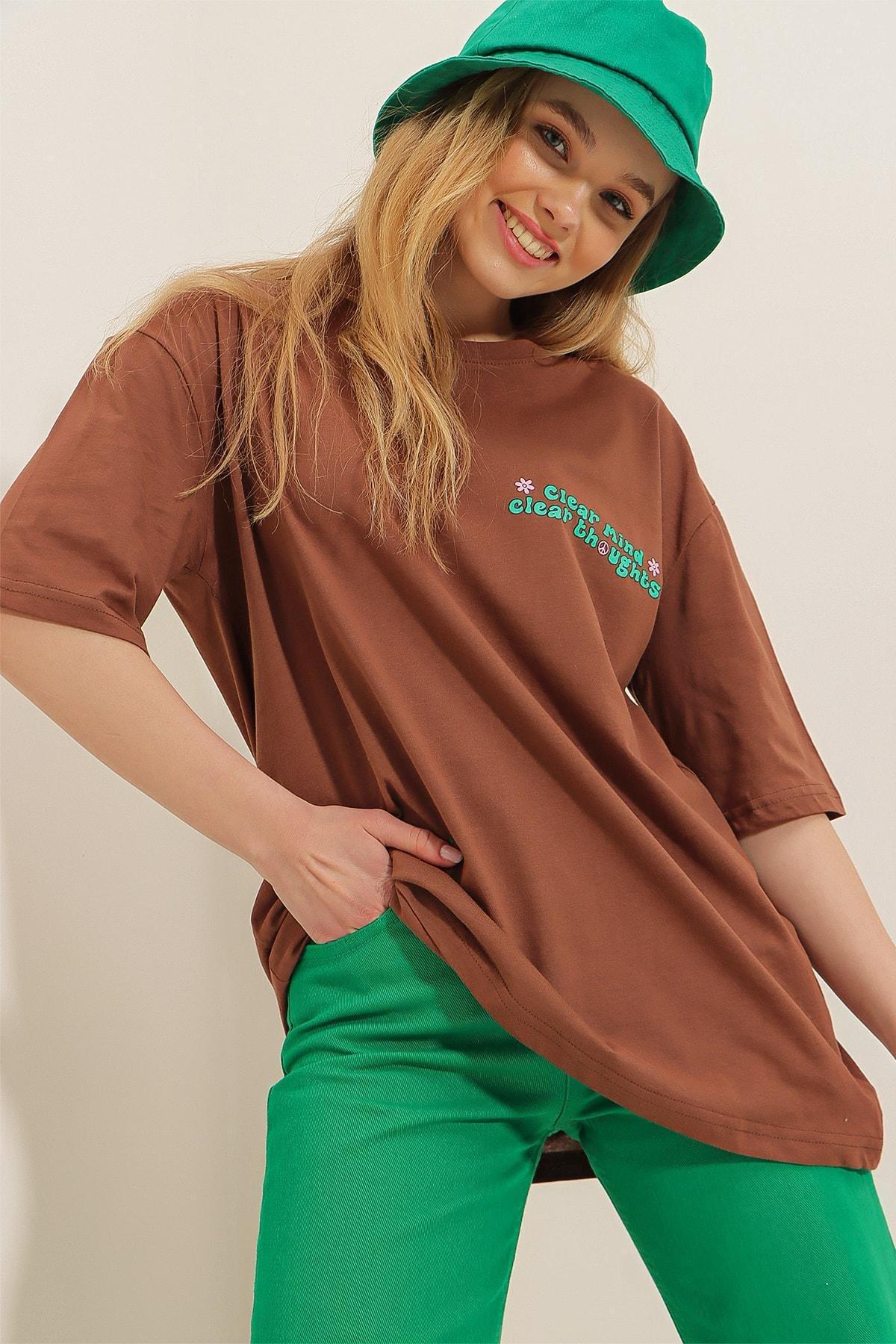 Brown Crew Neck Oversize T-Shirt, Brown, large image number 5
