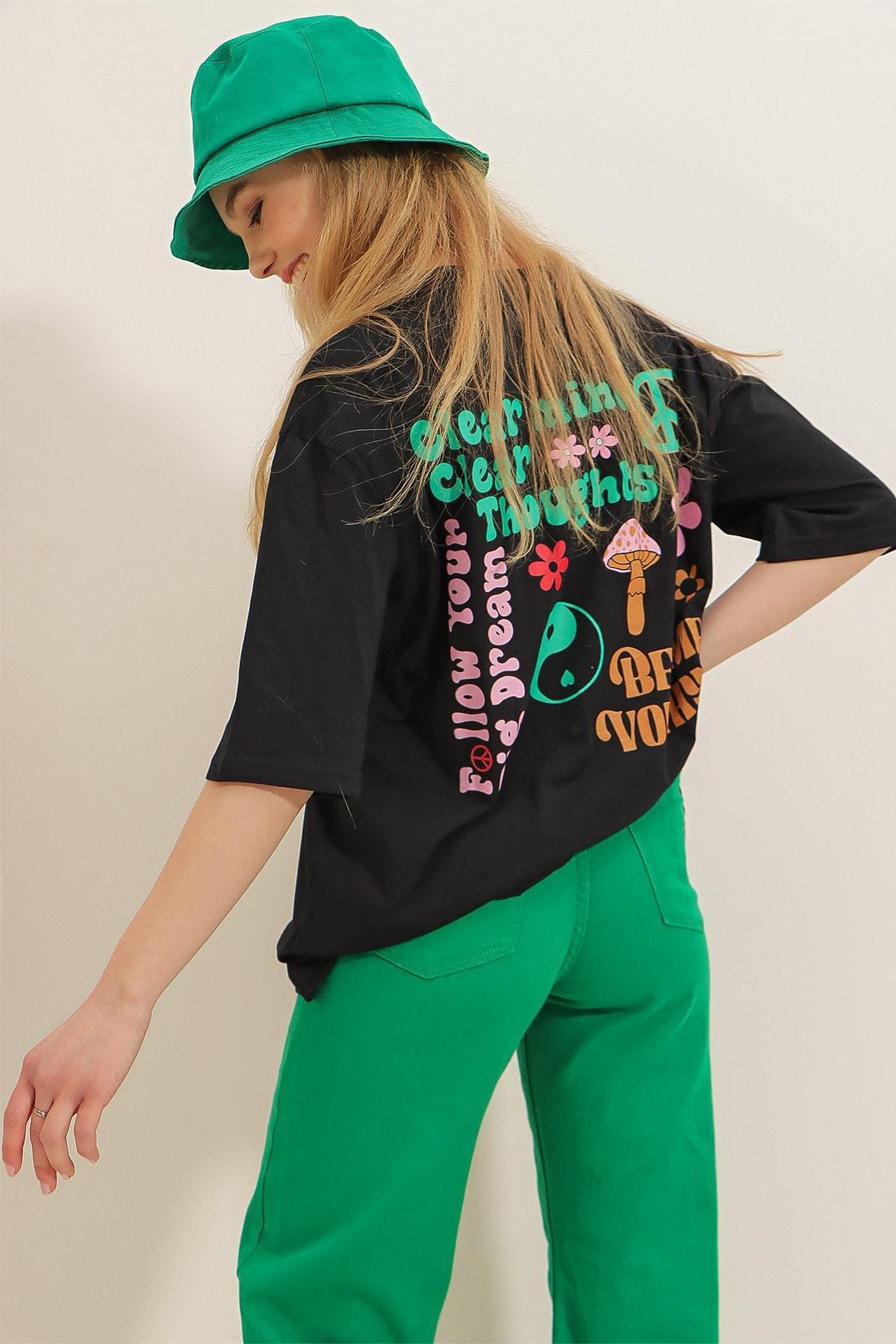 Black Crew Neck Printed Oversize T-Shirt, , medium