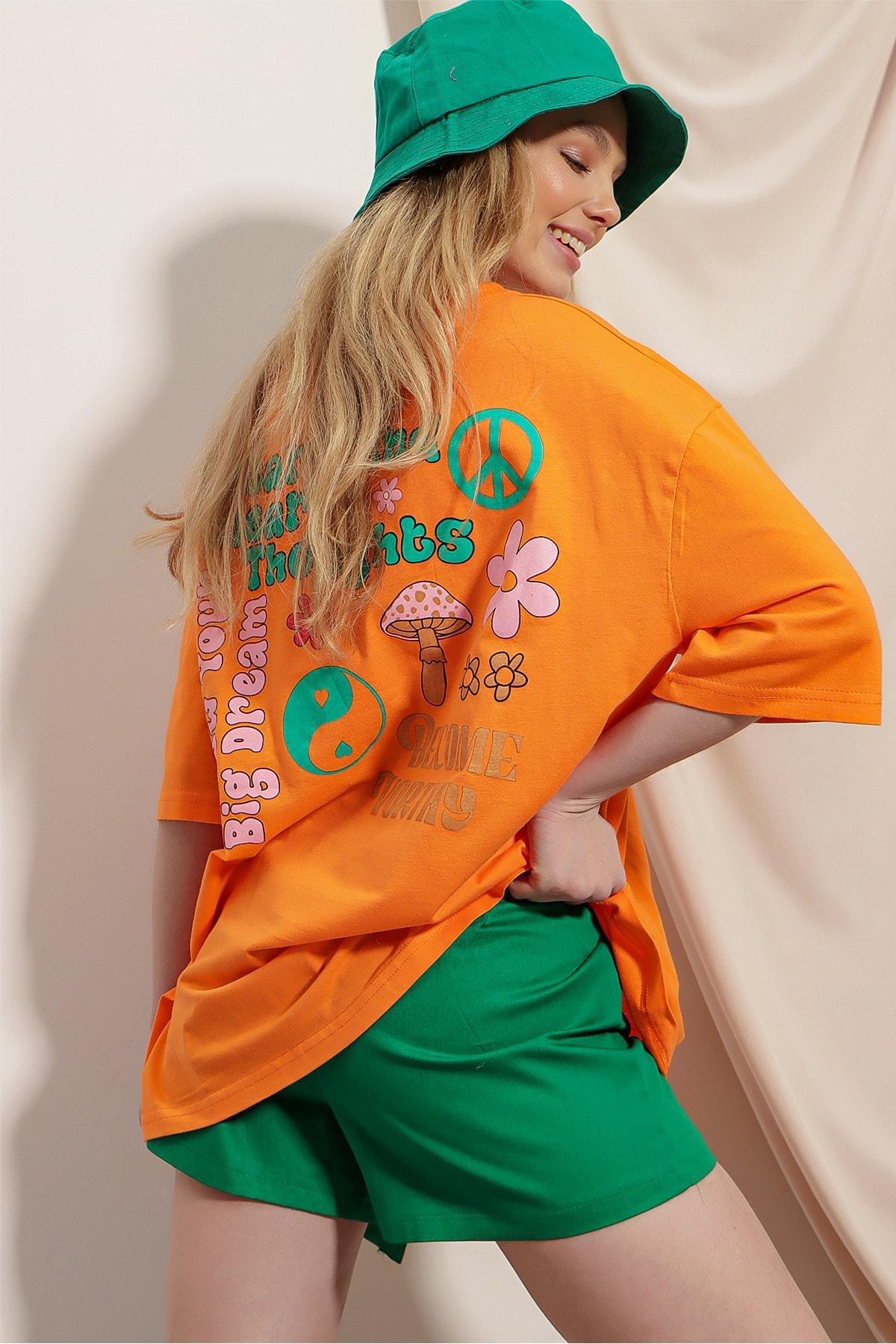 Alacati - Orange Crew Neck Printed Oversize T-Shirt