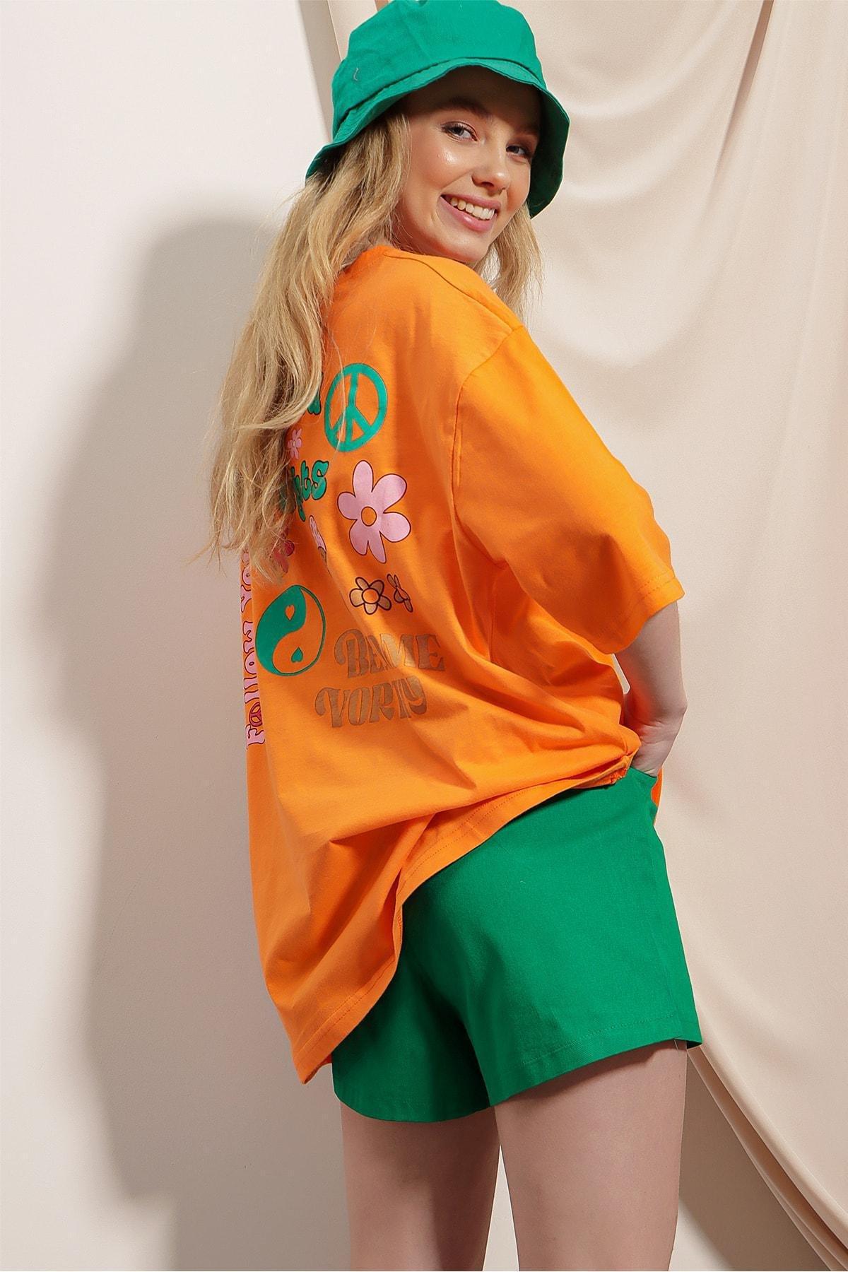 Alacati - Orange Crew Neck Printed Oversize T-Shirt