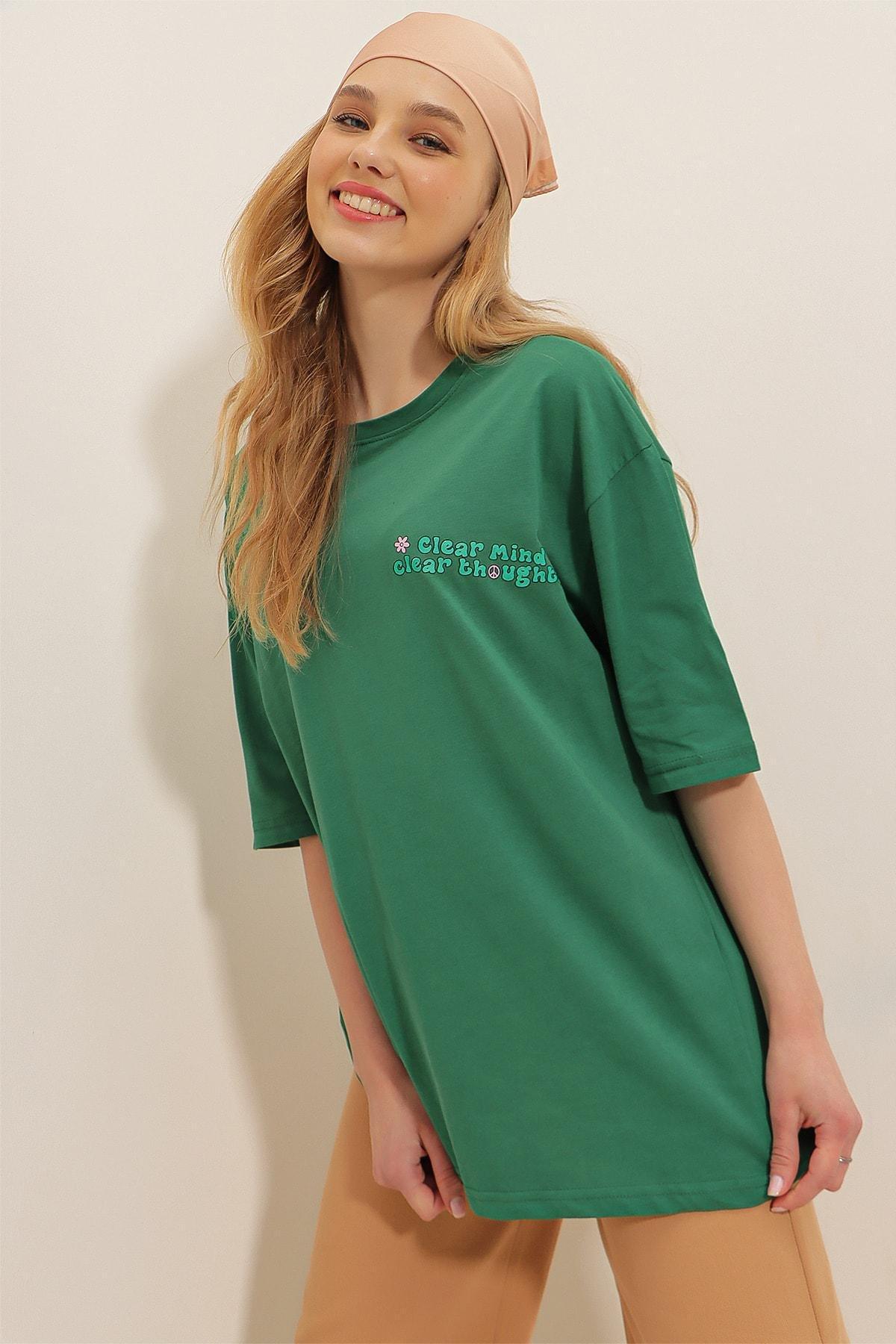 Alacati - Green Crew Neck Printed Oversize T-Shirt