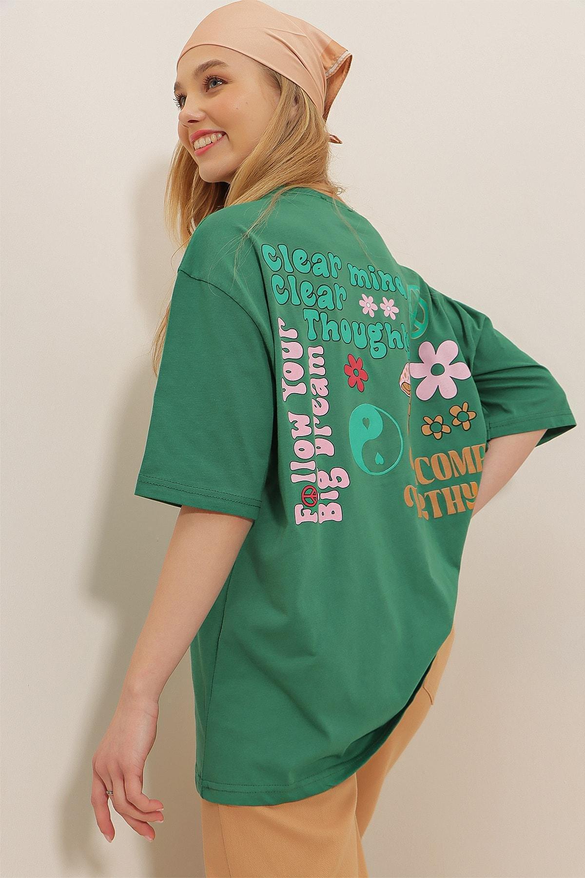 Alacati - Green Crew Neck Printed Oversize T-Shirt