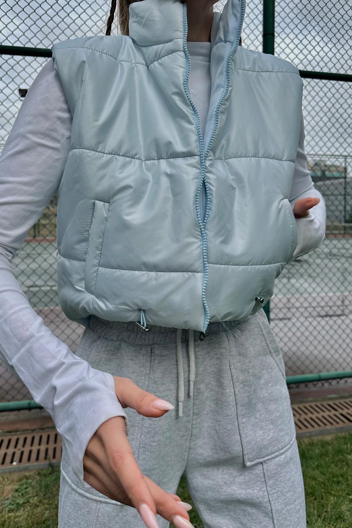 Blue High Neck Waist Adjustable Puffer Vest, , large image number 1