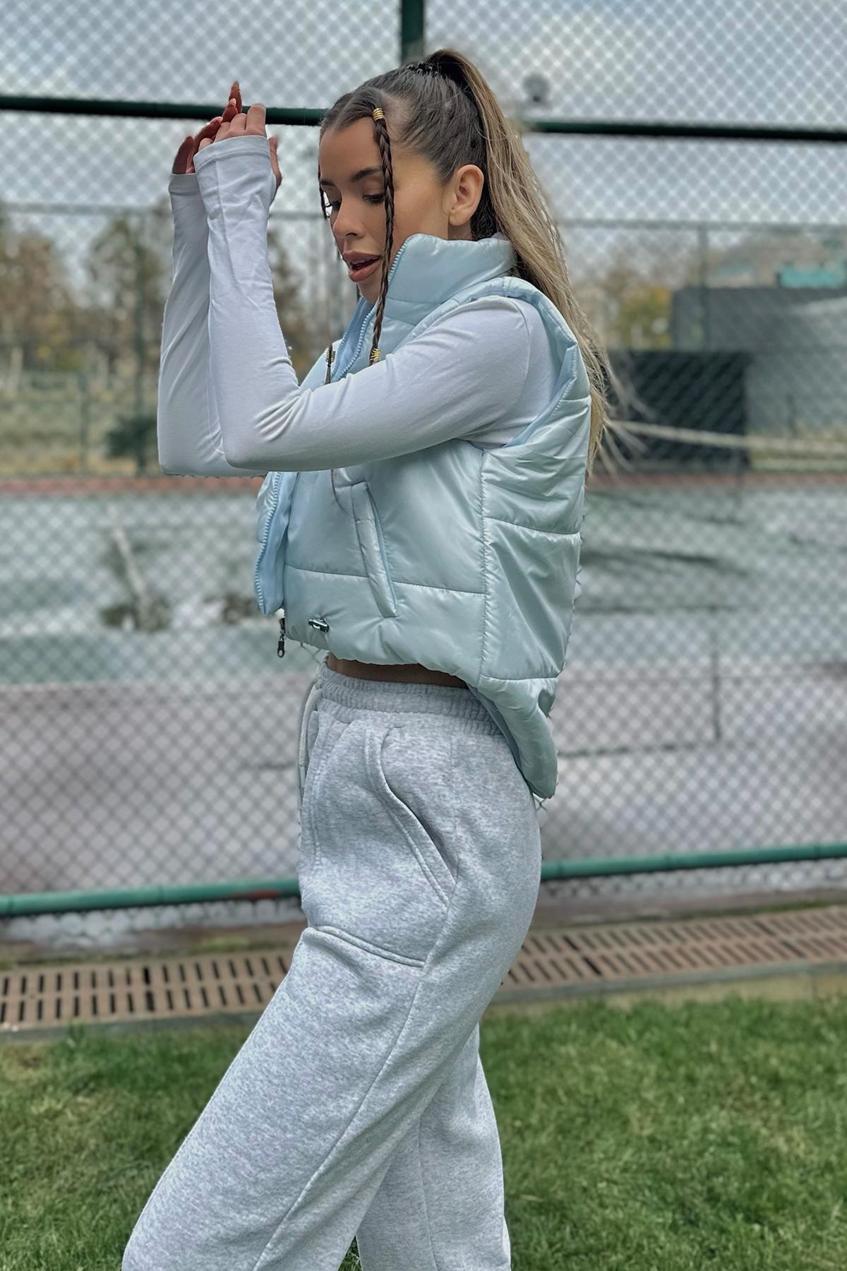 Blue High Neck Waist Adjustable Puffer Vest, , large image number 2