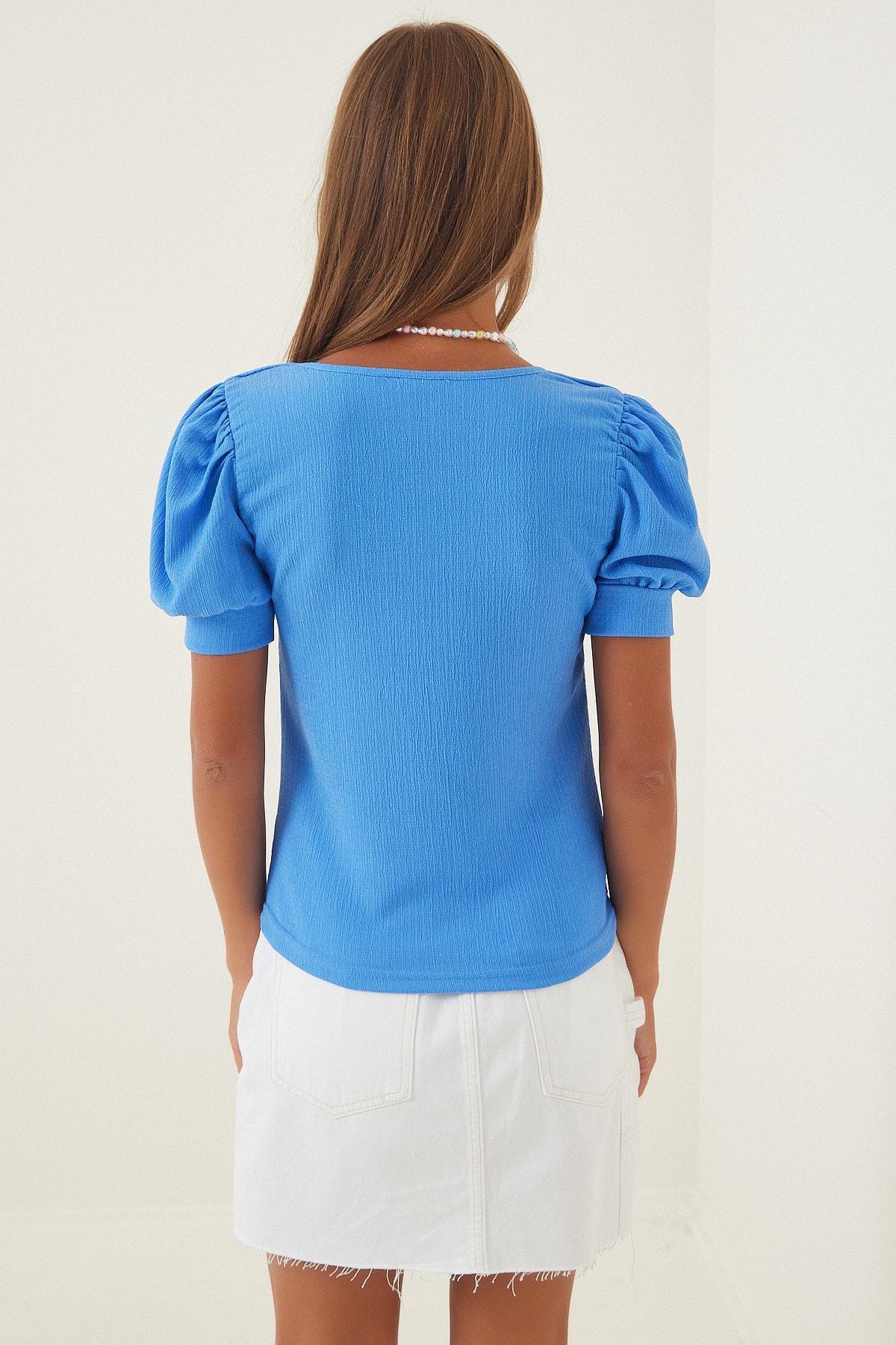Blue Square Collar Fitted Blouse, , large image number 2