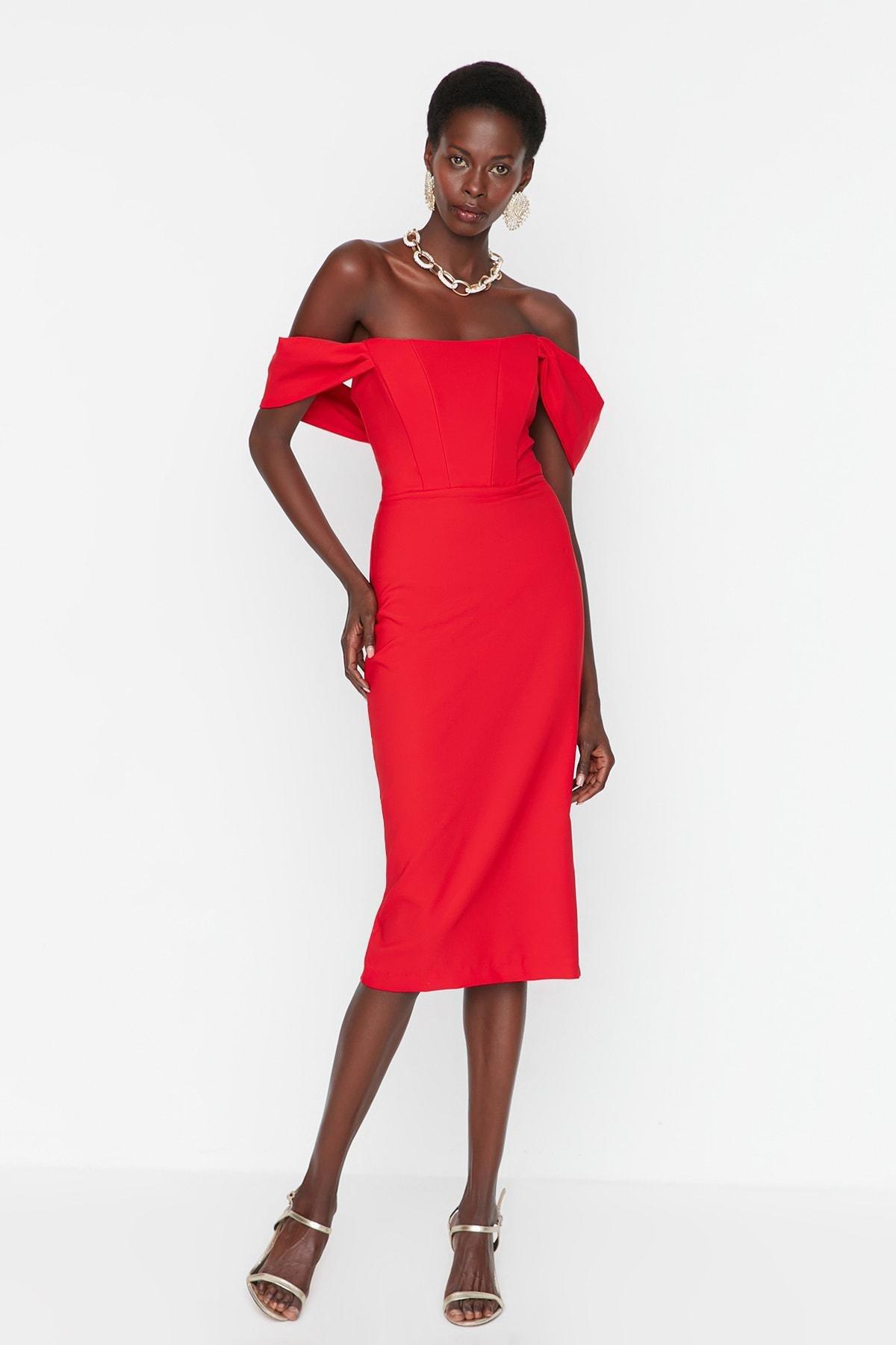 Red Bodycon Carmen Collar Dress, , large image number 0