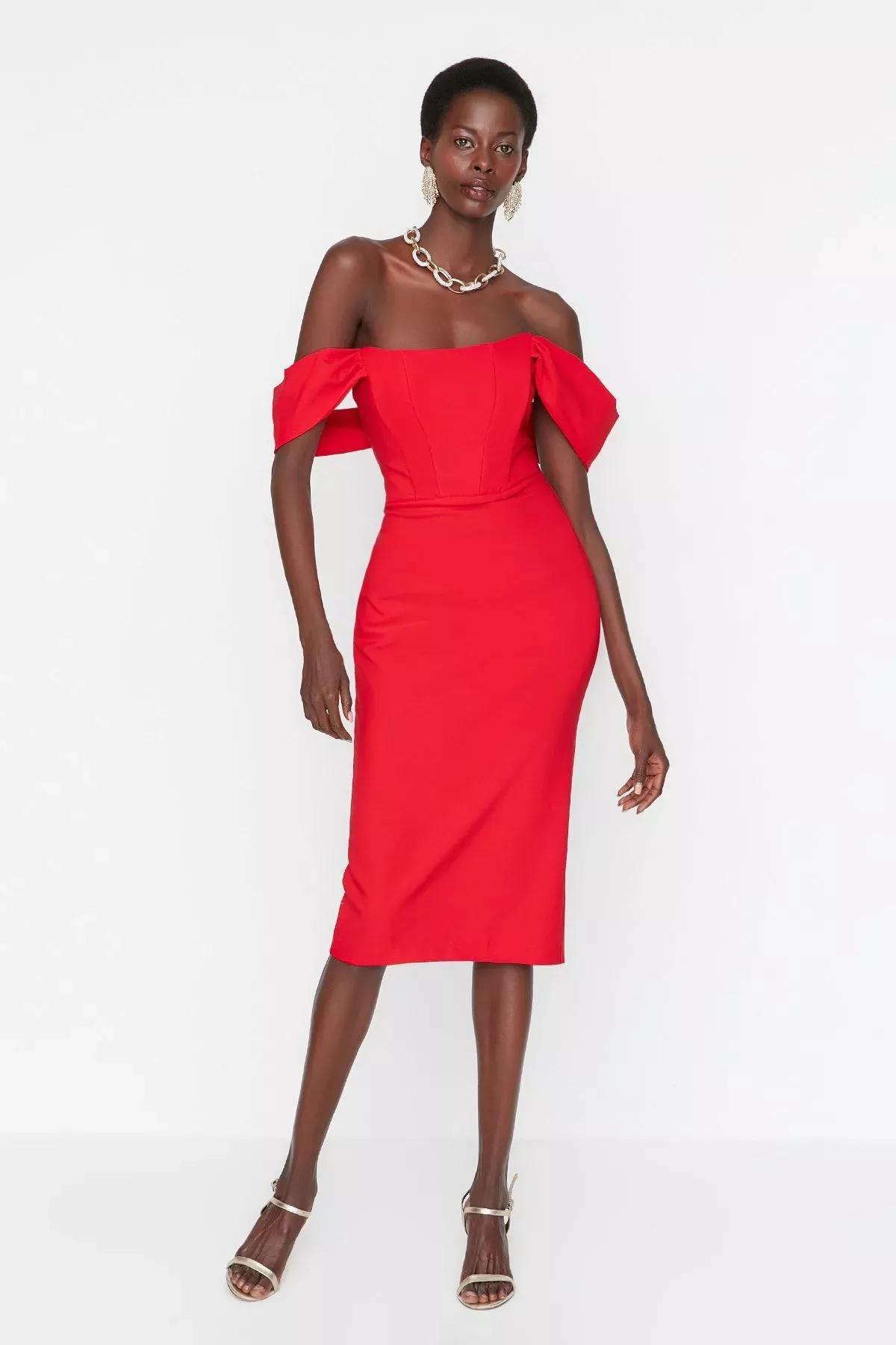 Red Bodycon Carmen Collar Dress, , large image number 1