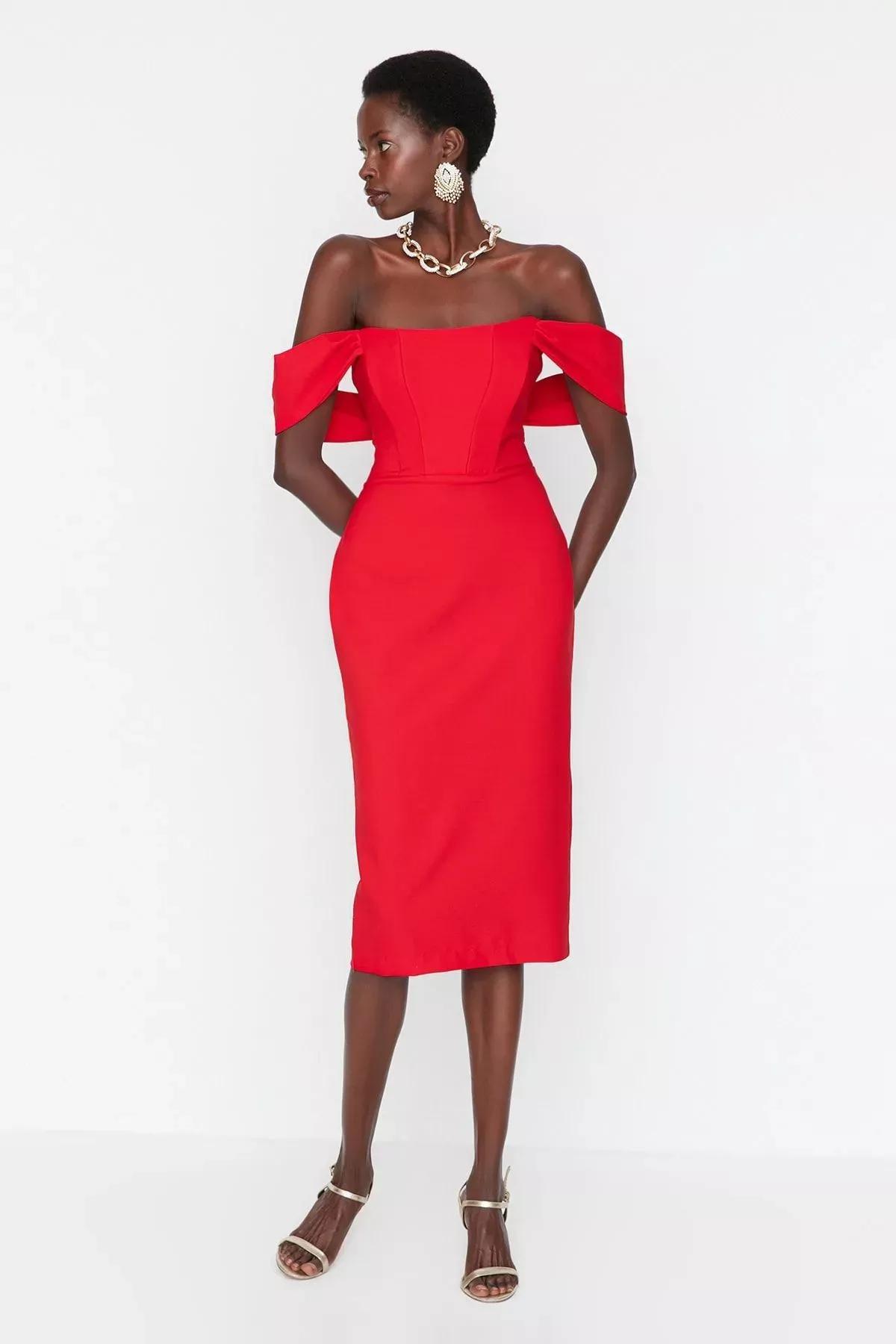 Red Bodycon Carmen Collar Dress, , large image number 2