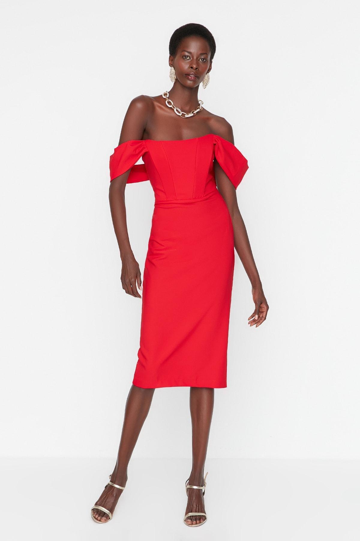 Trendyol - Red Bodycon Carmen Collar Dress