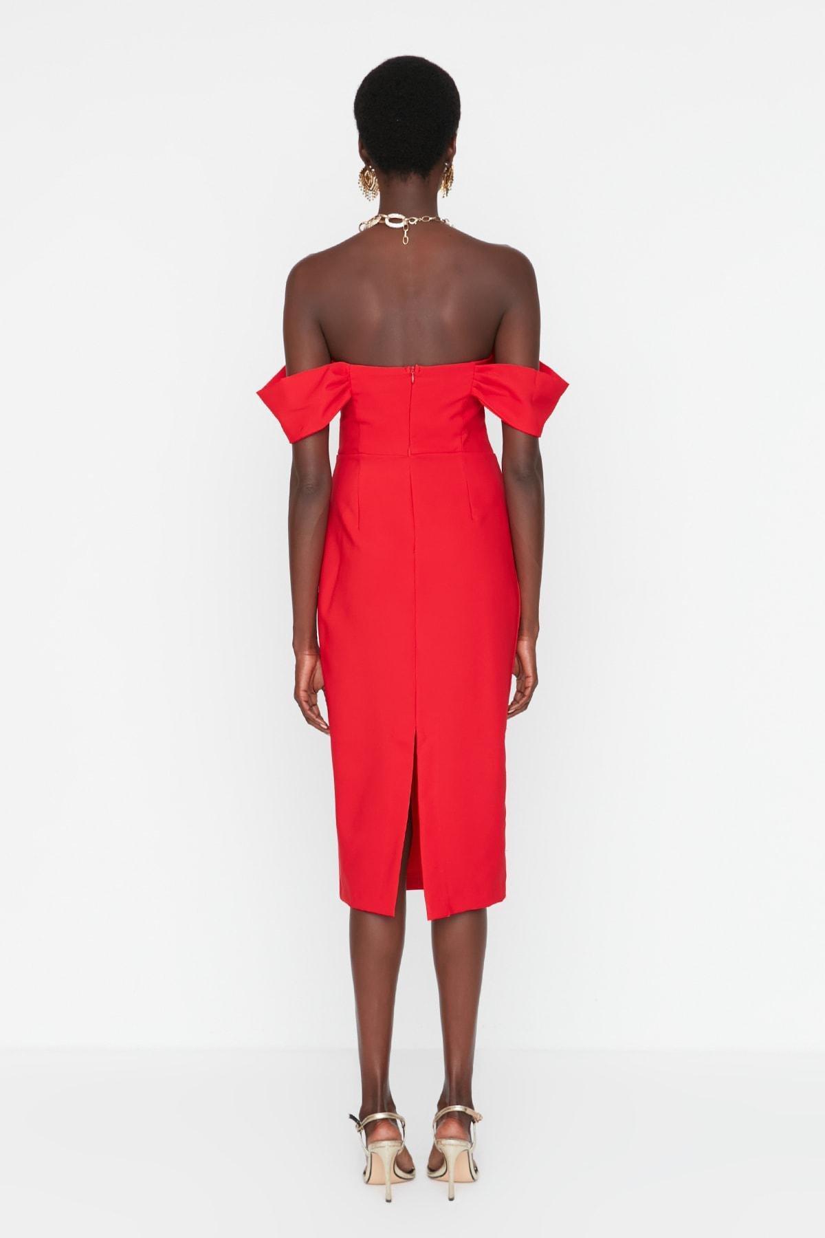 Trendyol - Red Bodycon Carmen Collar Dress