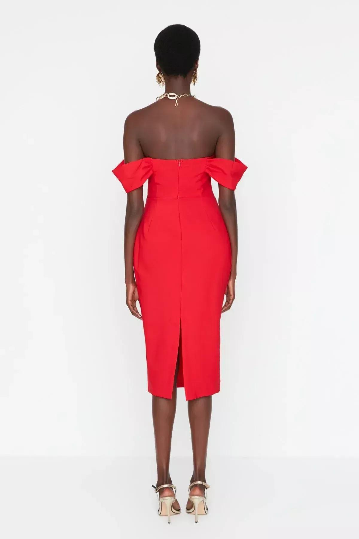 Red Bodycon Carmen Collar Dress, , large image number 4