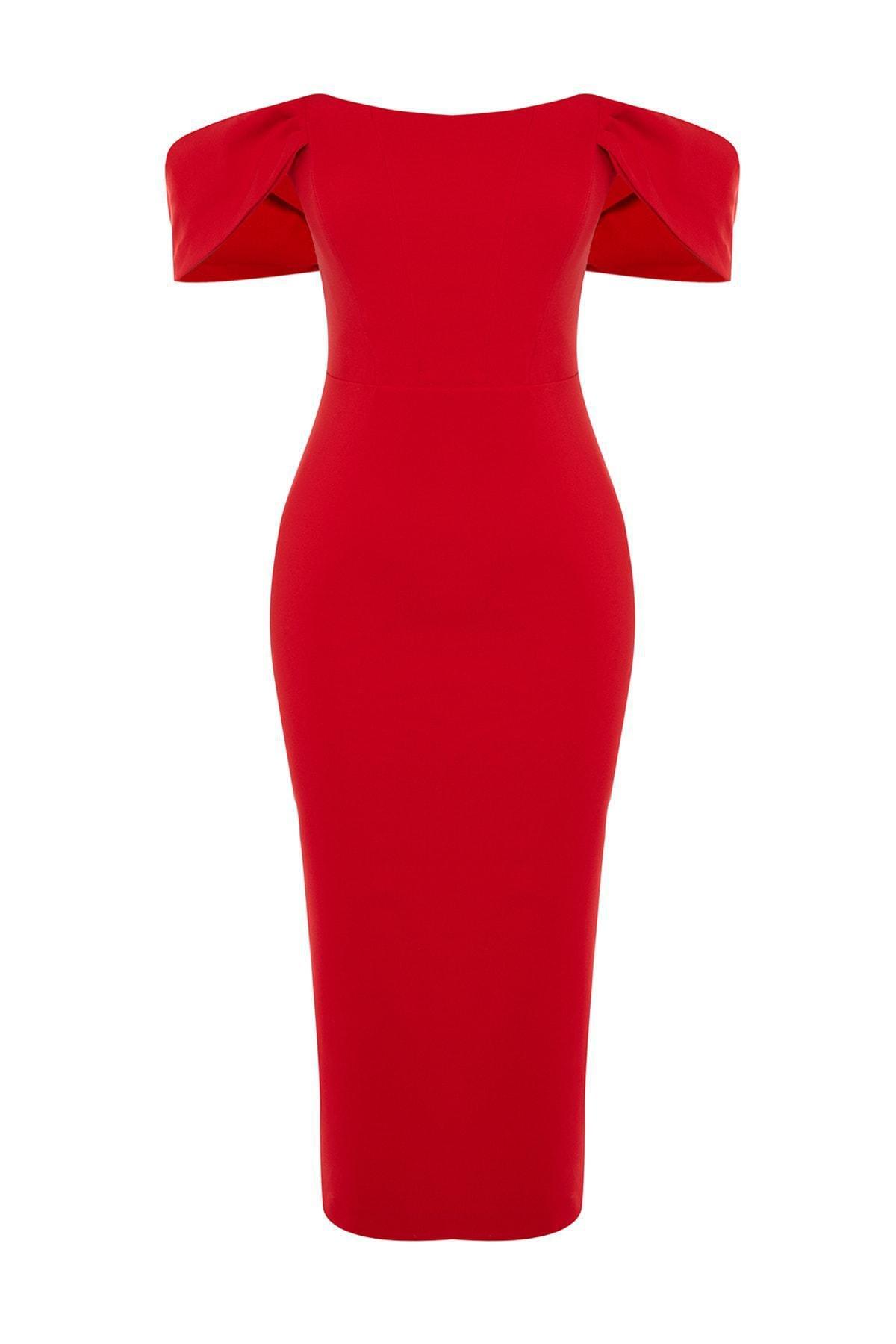 Trendyol - Red Bodycon Carmen Collar Dress
