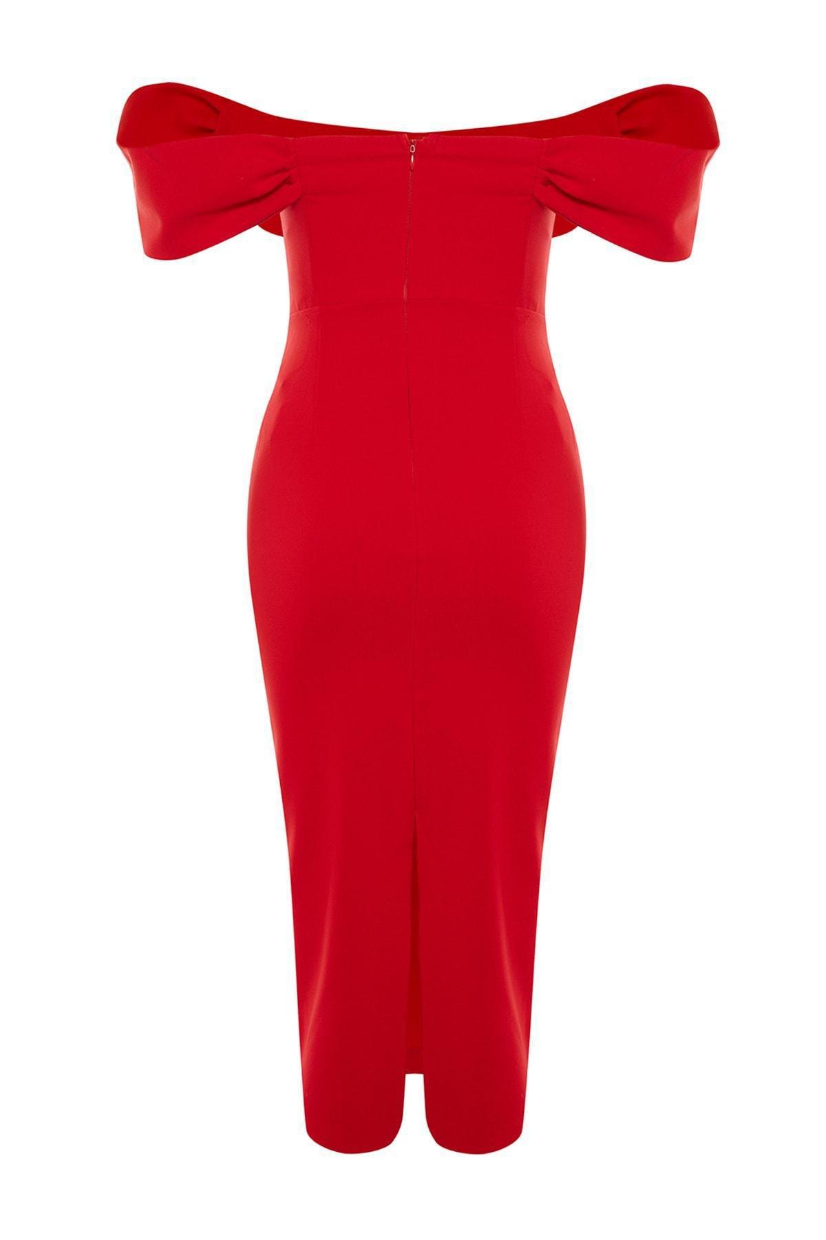 Trendyol - Red Bodycon Carmen Collar Dress