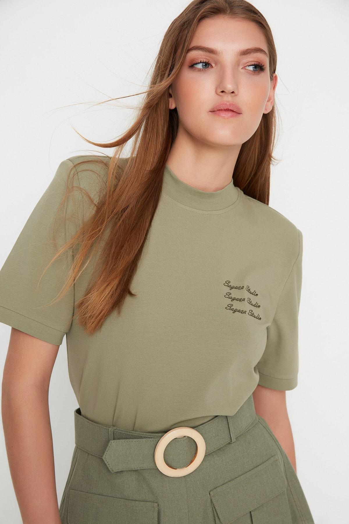Khaki Mandarin Collar T-Shirt, , large image number 1