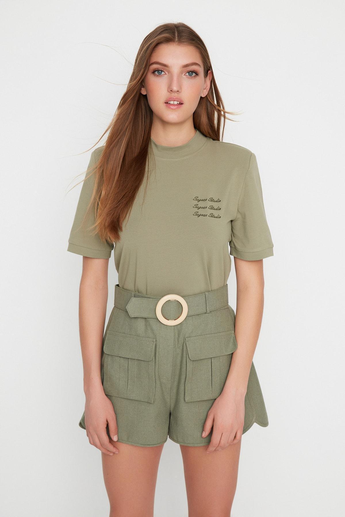 Khaki Mandarin Collar T-Shirt, , large image number 2