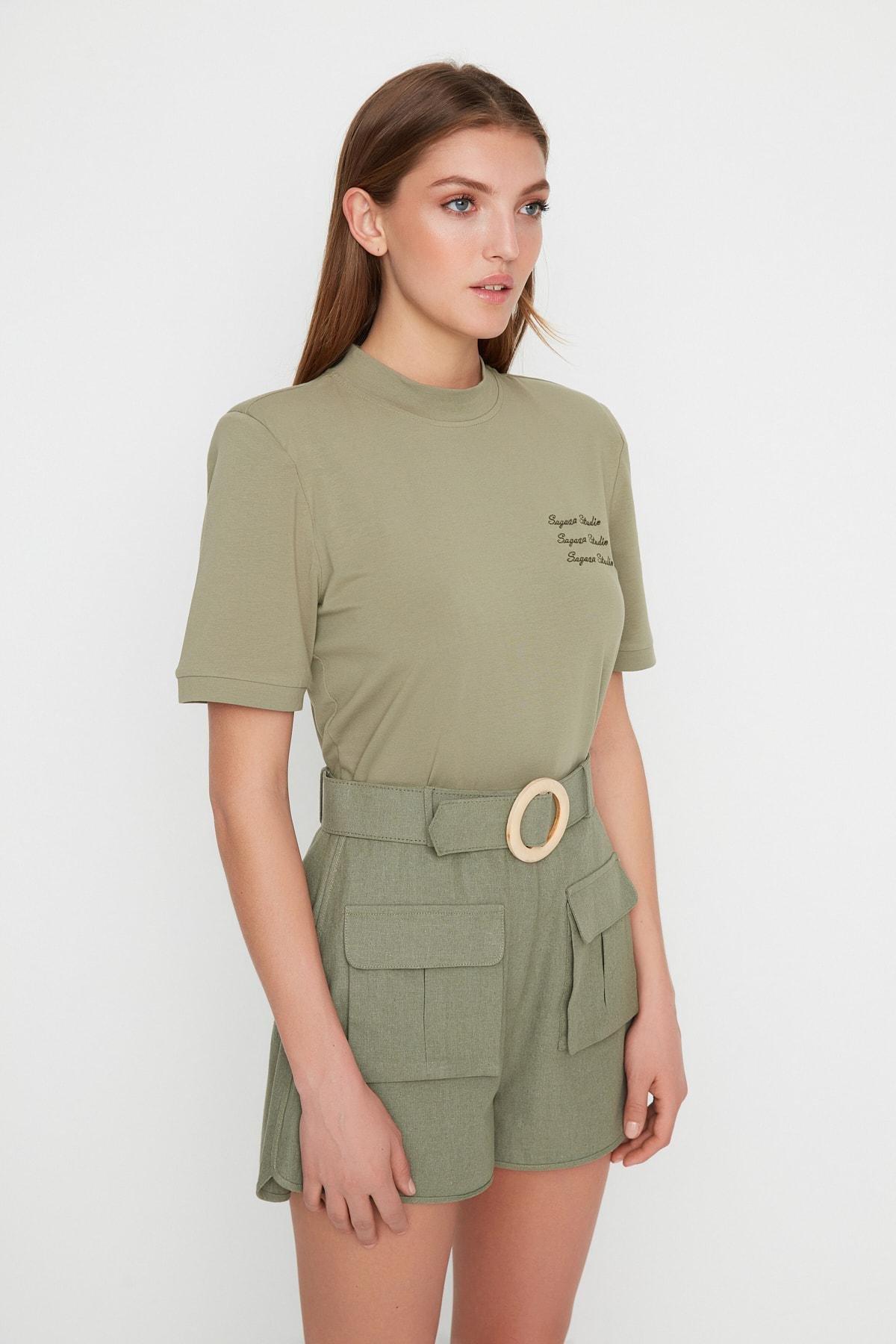 Khaki Mandarin Collar T-Shirt, , large image number 3